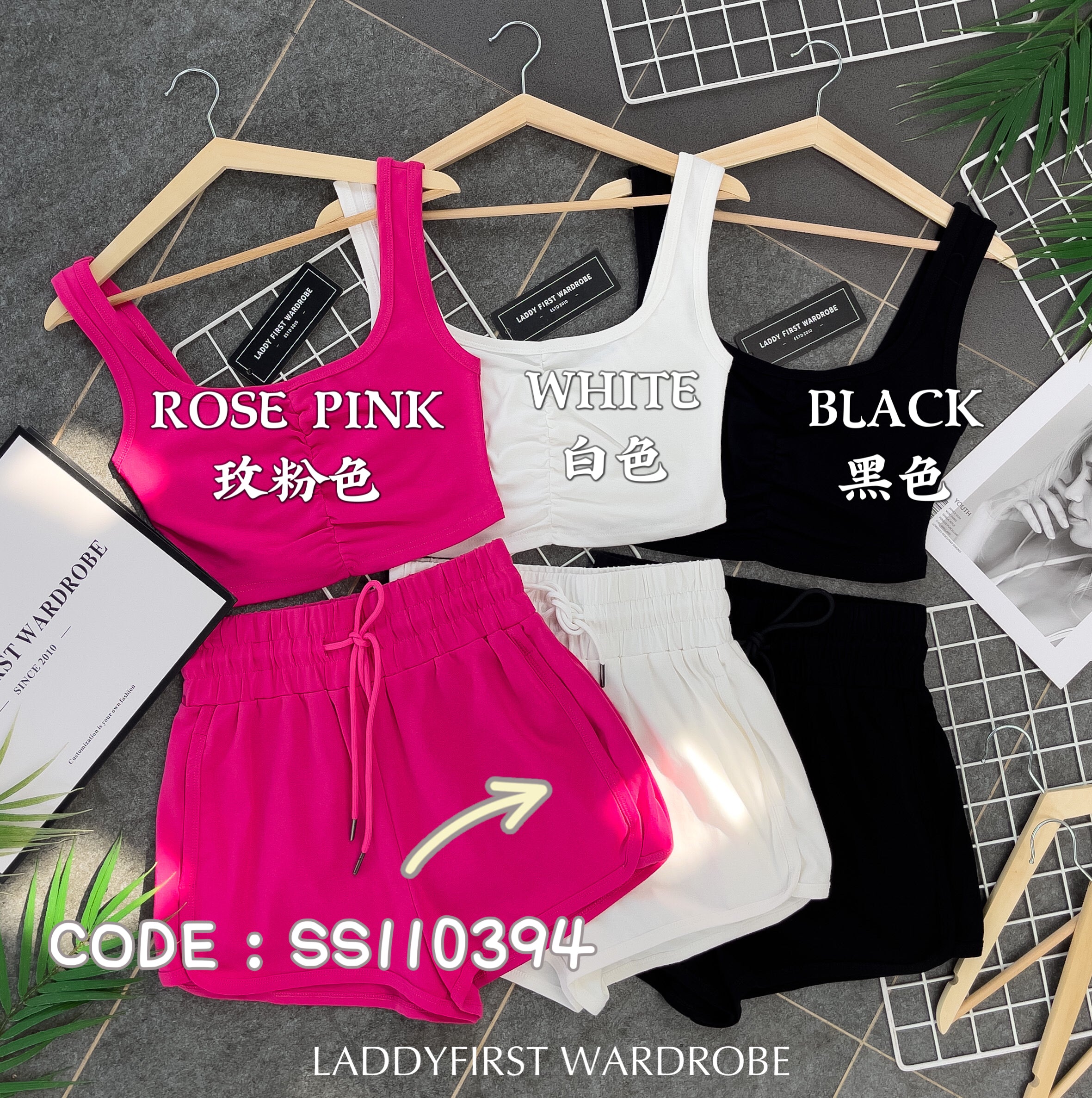【SS110394】两件式纯棉休闲时尚套装 无袖皱褶上衣➕松紧要高腰短裤，有口袋【A-R2-C6】