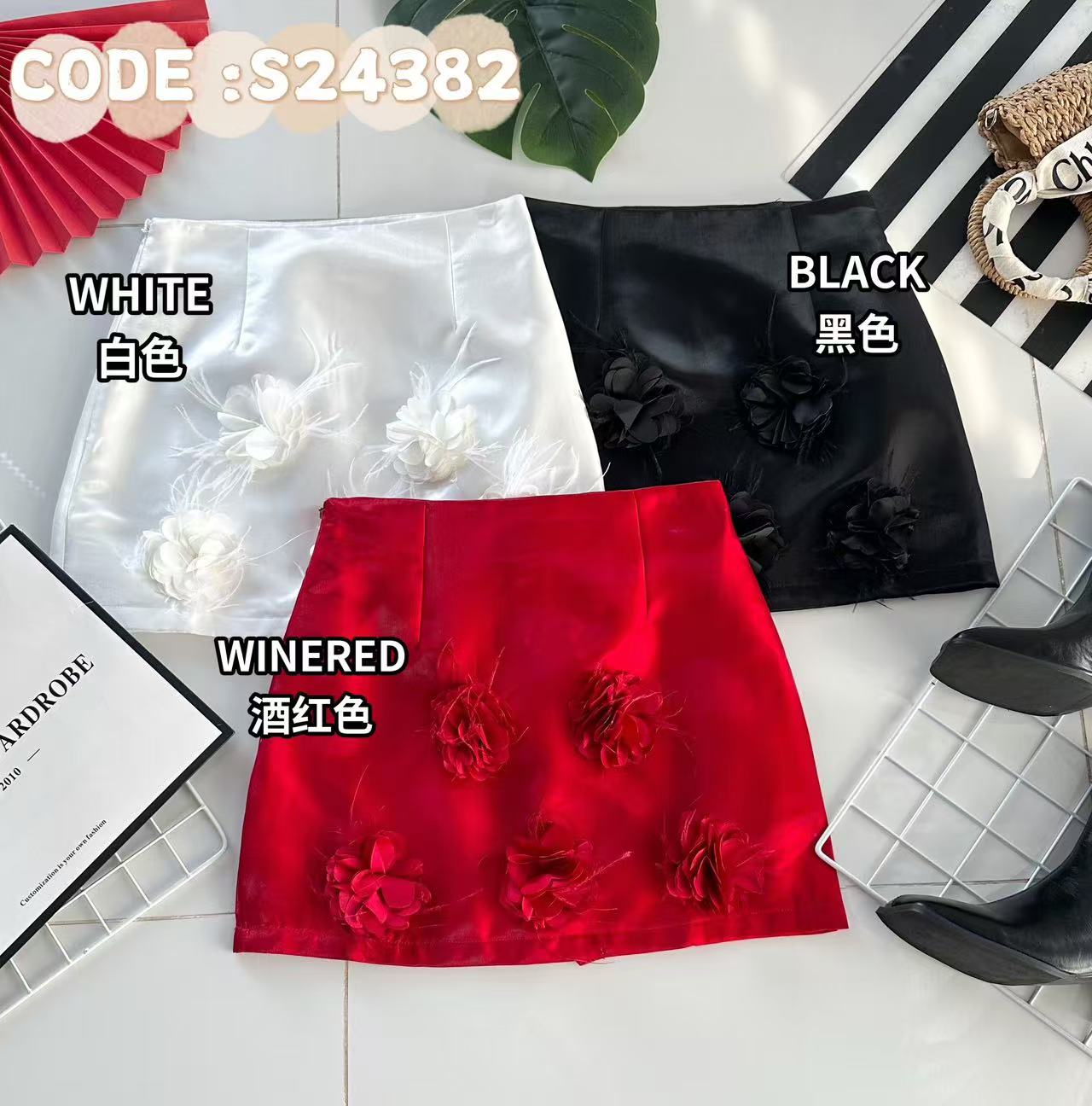 【S24382】仙气立体花🌸瓣亮面缎面时装高腰裙子，内层有里布短裤 ❤️❤️ 【A-R2-C1】