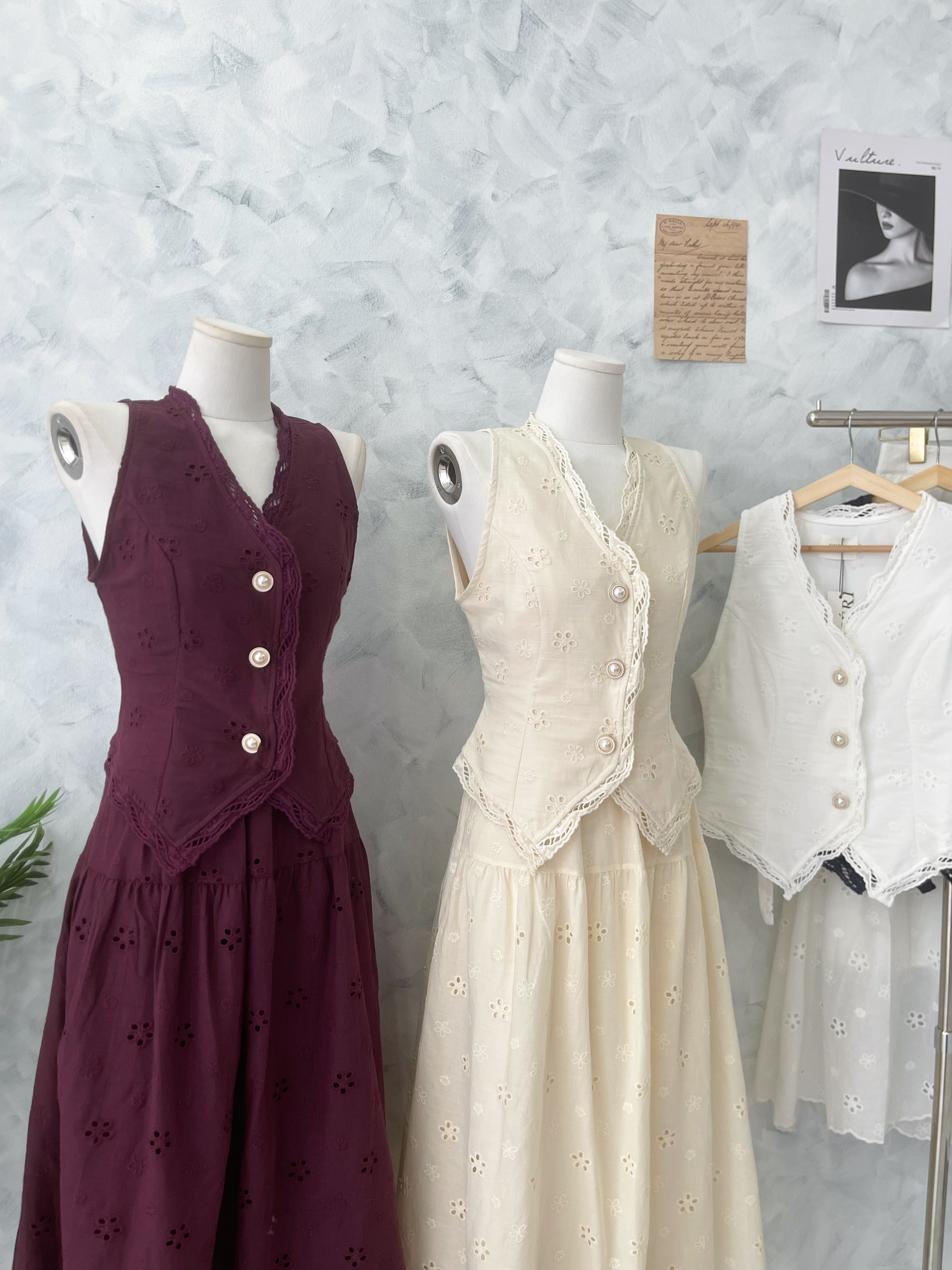 【SS2576】高品质两件式仙气温柔风桐花套装 V领无袖桐花上衣➕仙气感桐花高腰长裙 ❤️❤️