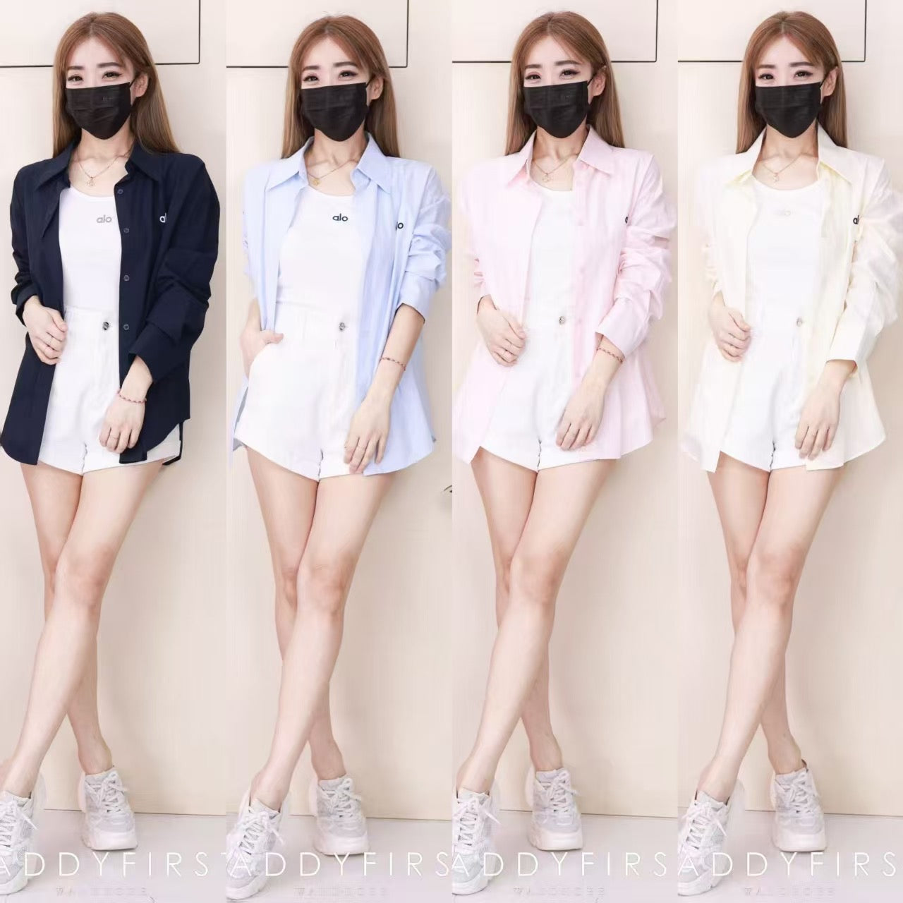 【T2137】高品质alo 刺绣韩式宽松版翻领长袖衬衫上衣➕纯棉弹力内搭上衣❤❤