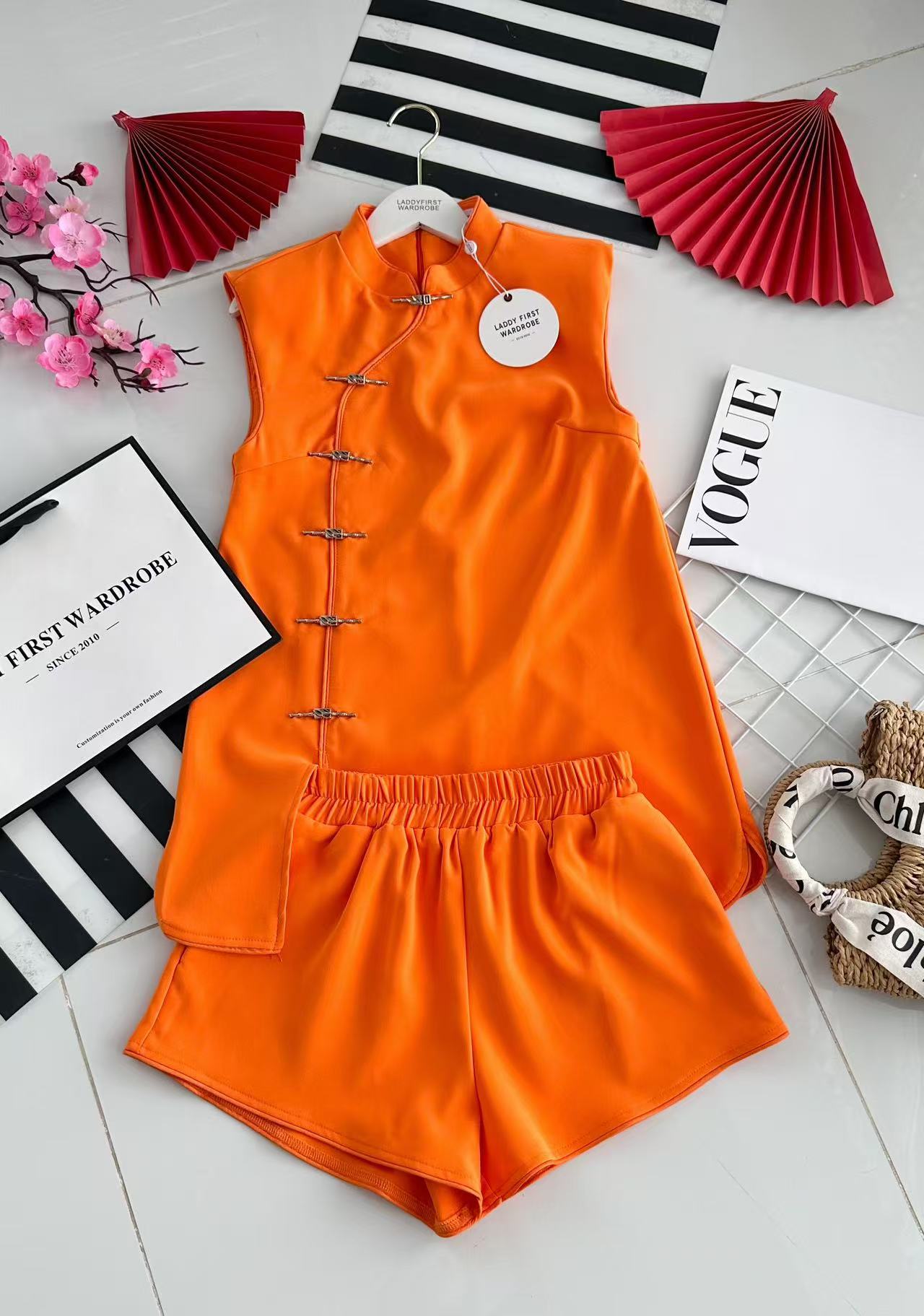 【SS3481】【LFW独家小圆饼】高品质两件式减龄洋气时尚新中式国风西装旗袍套装 排盘扣无袖旗袍连衣裙➕松紧腰弹力高腰百搭短裤，有口袋 ❤️❤️