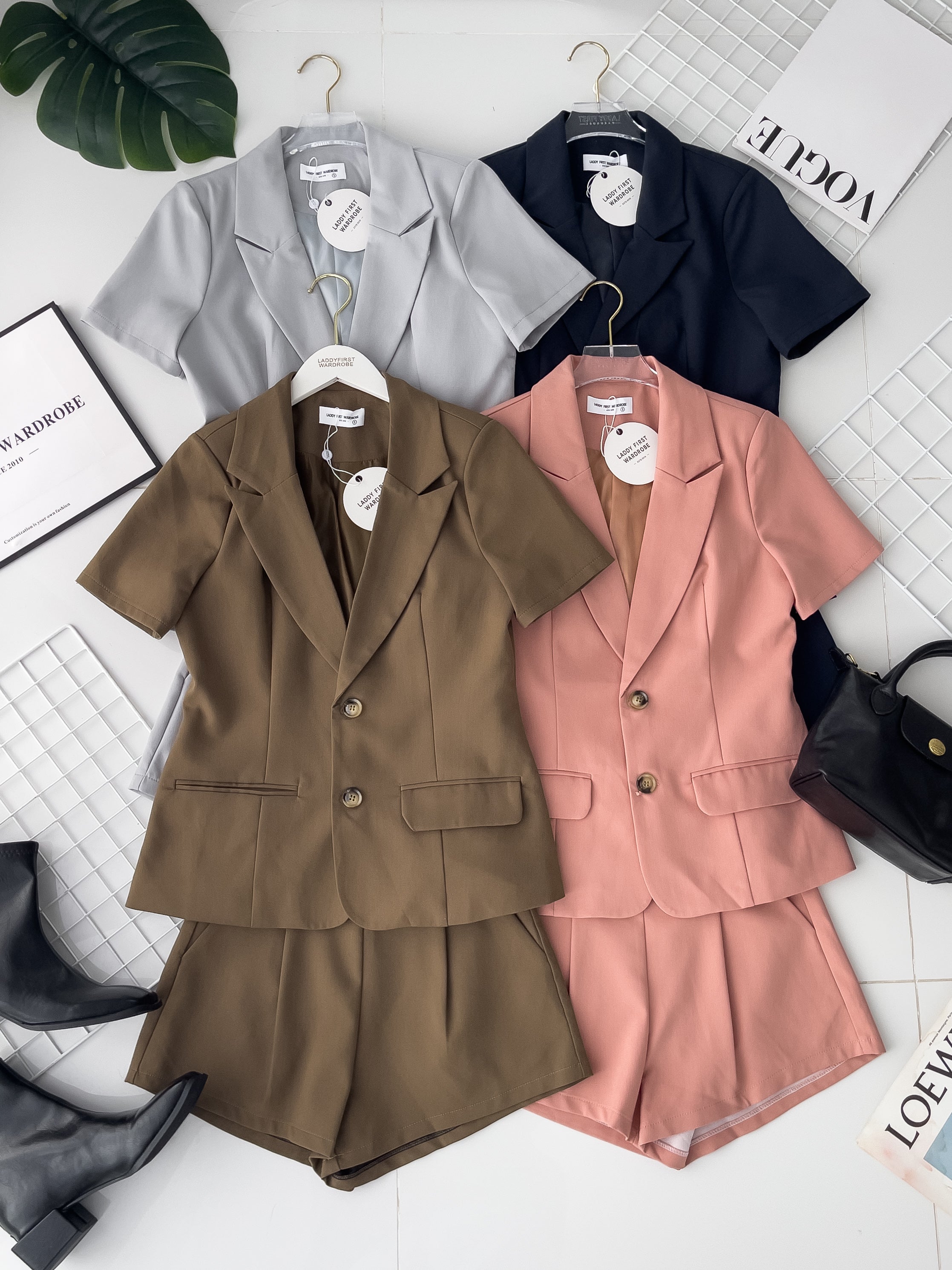 【SS3470】【LFW独家小圆饼】高品质两件式气质西装时装套装 V翻领短袖西装上衣/外套，有口袋➕西装高腰百搭短裤 , 有口袋 ❤❤