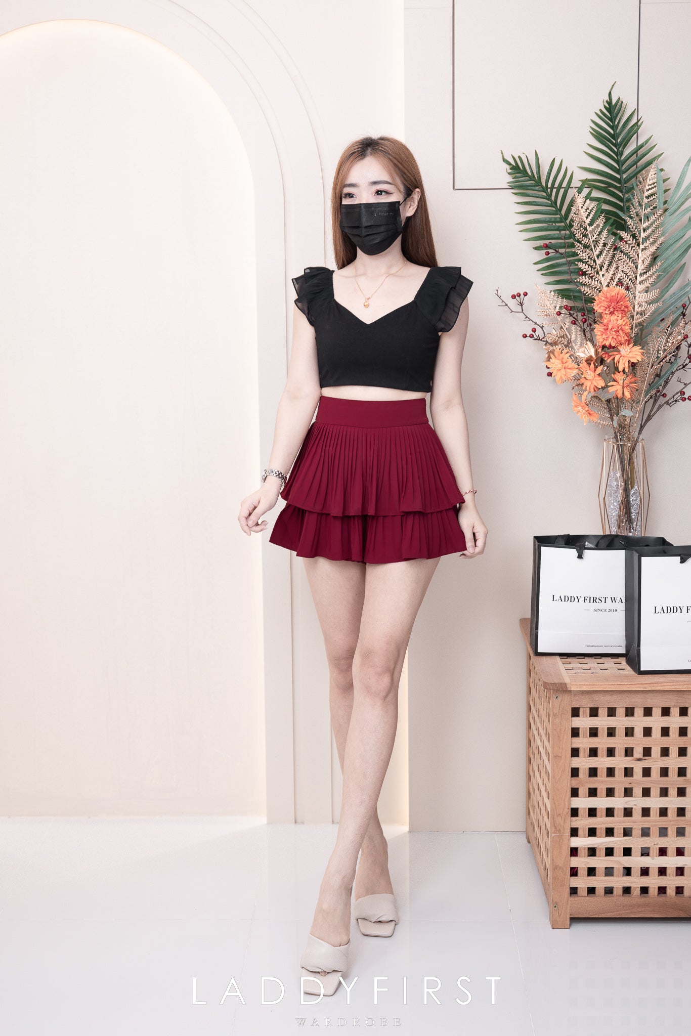 【S68135】【LFW独家小圆饼】【直播间搭配】双层蛋糕百褶荷叶边高腰显瘦西装裙子，内层防走光短裤 ❤️❤️