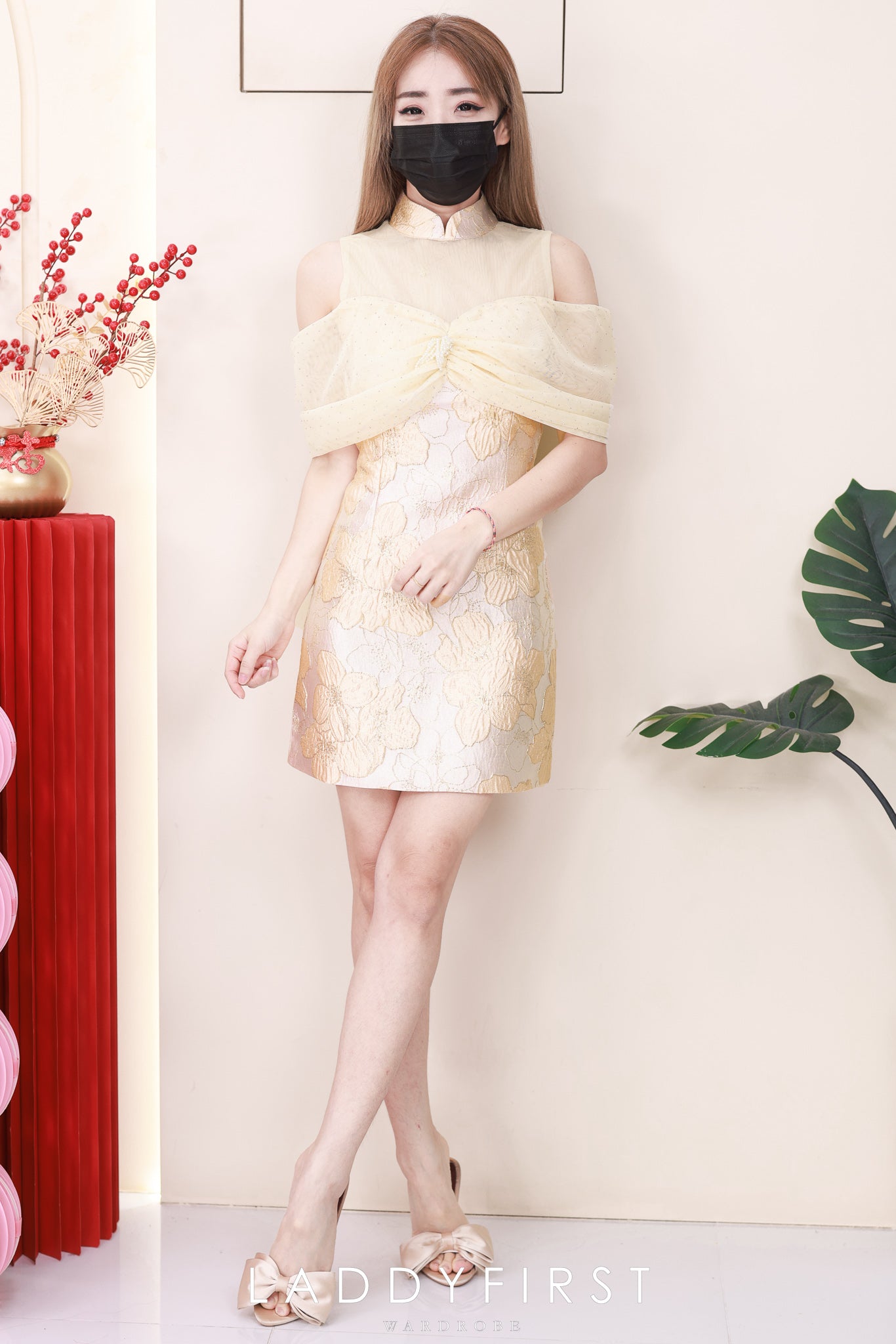 【D8238901】⚡️精选预定款⚡️高品质高端气质拼接网纱蝴蝶结提花旗袍连身裙子 ❤️❤️