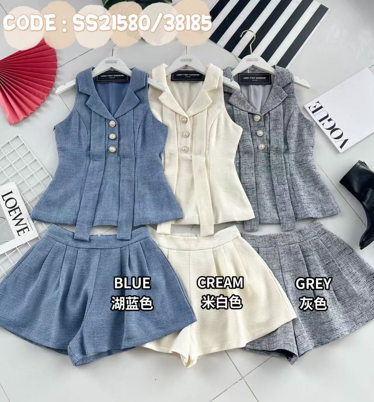 【SS21580 / 38185】高品质两件式高级感名媛小香风套装  翻领无袖连衣裙➕小香风阔腿高腰短裤 ❤️❤️