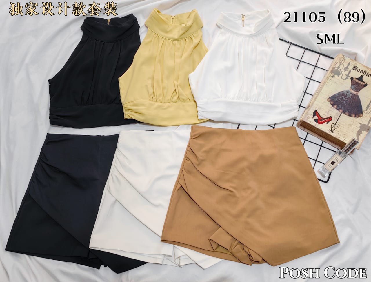 【SS30237】两件式CUT IN西装时装套装 CUT IN无袖上衣➕小皱褶西装高腰裤裙，前裙后裤