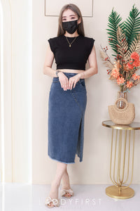 【L121417】高品质COTTON JEANS牛仔弹力韩系时尚开叉设计高腰裙子，有口袋 ❤️❤️ 【A-R1-C1】