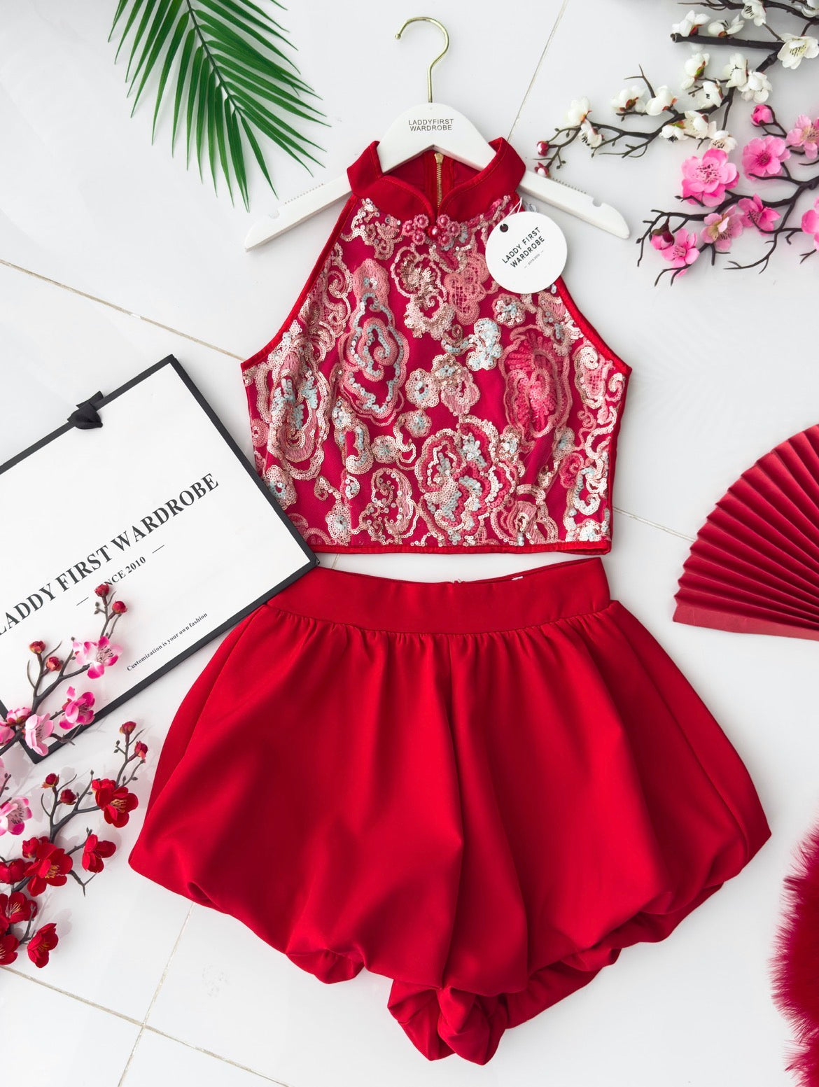 【SS8238791】【LFW独家小圆饼】高品质两件式高端大气国风新中式旗袍套装 无袖CUT IN 网纱刺绣亮片上衣➕西装花苞高腰短裤 ❤️❤️