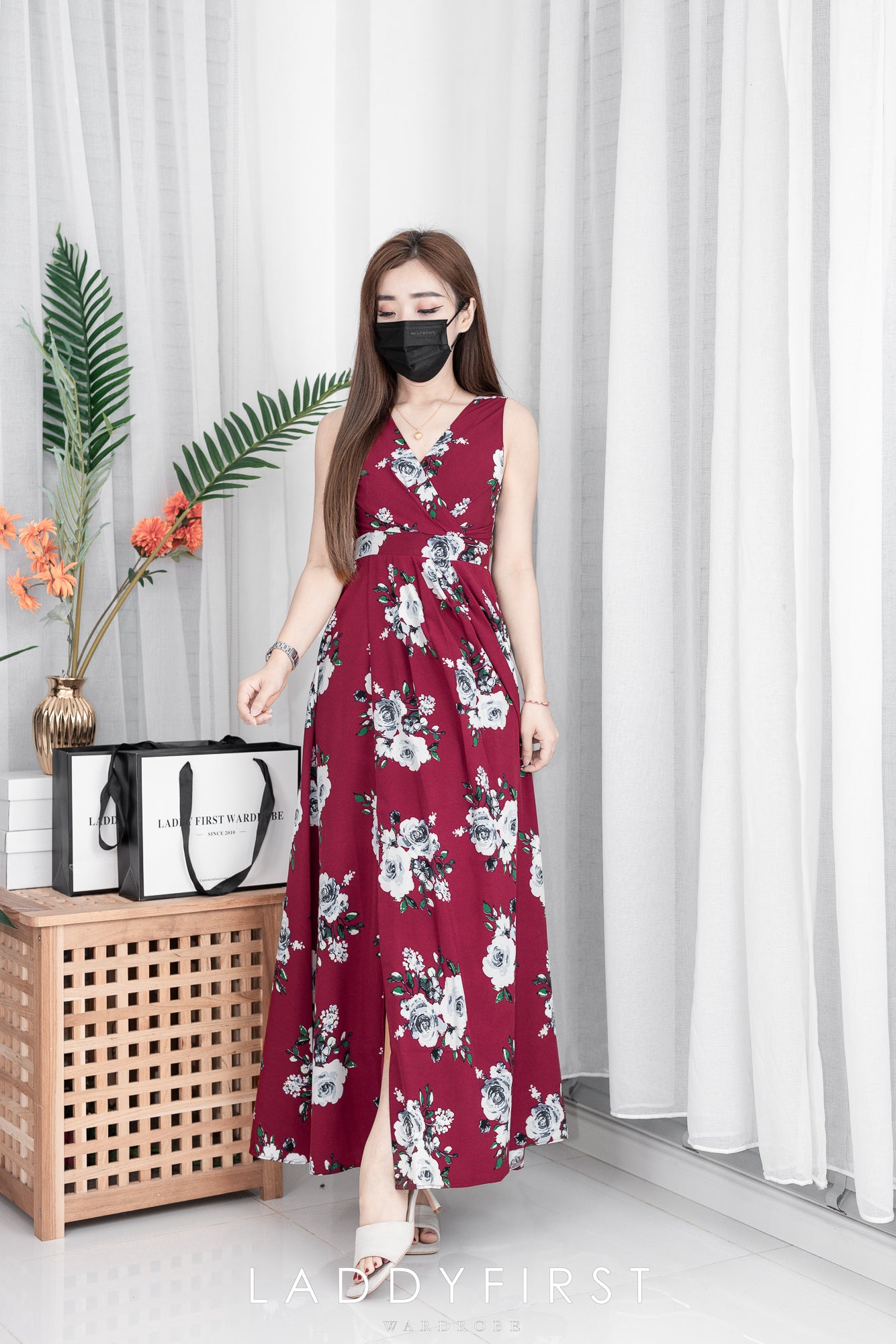 【D2251】欧美风V领交叉设计无袖印花沙滩连身长裙开叉裙子