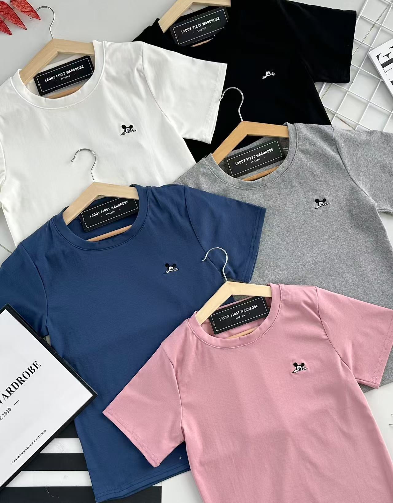 【T68013-1】⚡补货预订款⚡高品质米奇刺绣logo圆领短袖纯棉弹力休闲百搭上衣 ❤❤