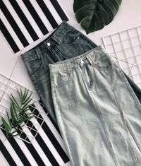 【L6511】高品质韩版牛仔高腰百搭裙子，露腿开叉设计，有口袋 ❤️❤️【A-R2-C1】
