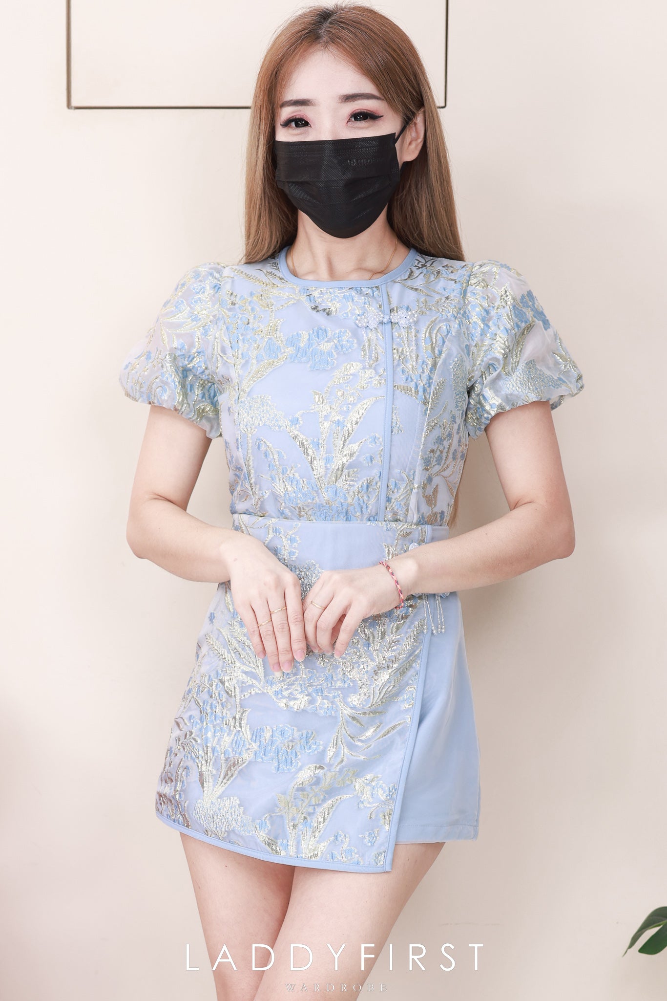 【SS2757】高品质两件式新中式提花旗袍套装 泡泡袖提花旗袍上衣➕提花拼接缎面高腰裤裙，有口袋 ❤️❤️