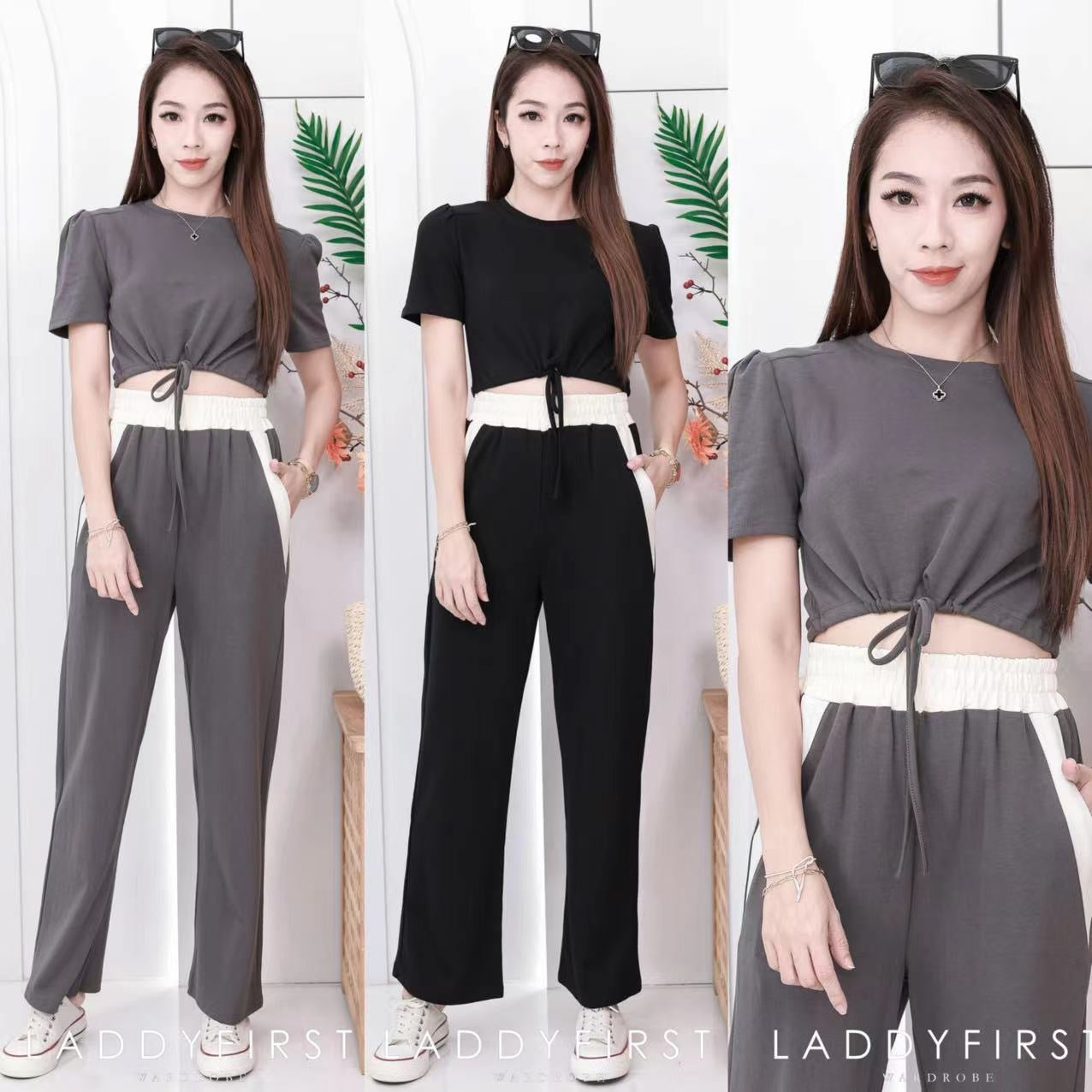【SS1556】高品质纯棉弹力休闲简约百搭套装 抽绳收腰圆领短袖宽松休闲上衣➕松紧腰弹力阔脚长裤，有口袋 ❤️❤️【A-R2-C3】