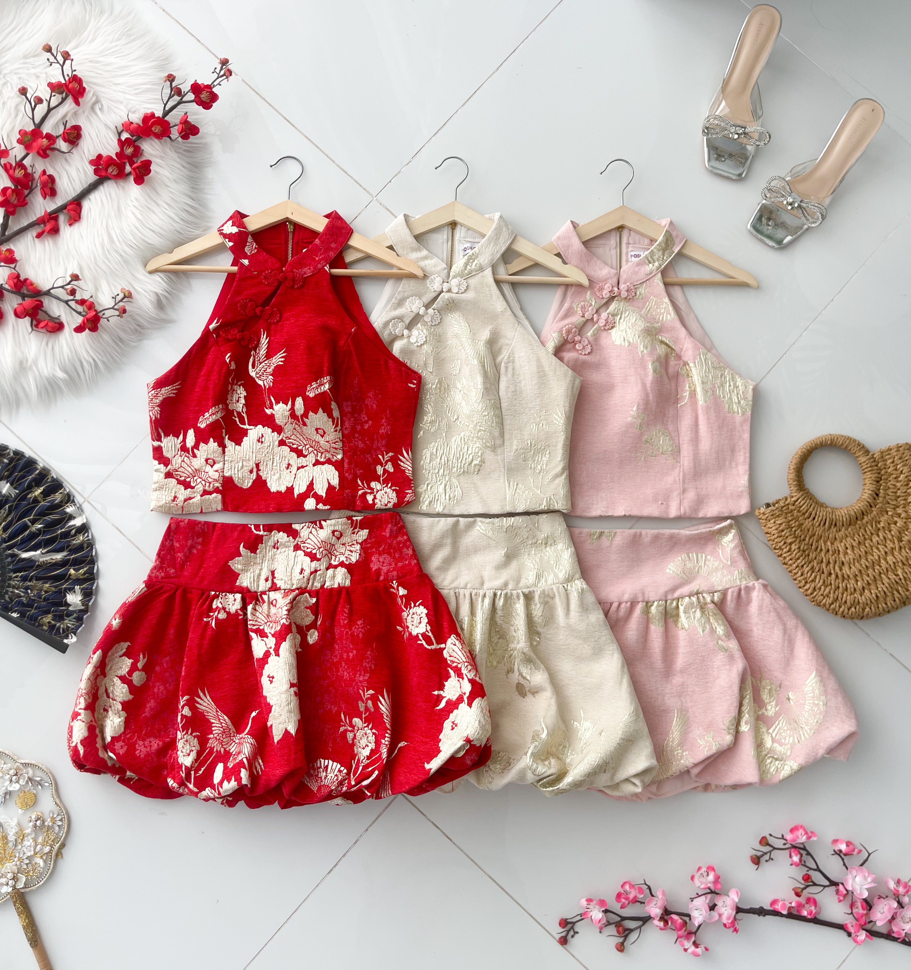 【SS21773 / 37629】高品质两件式高档气质CUT IN新中式提花旗袍套装 CUT IN提花旗袍上衣➕花苞高腰裙子，内层有里布短裤 ❤️❤️【A-R1-C2】