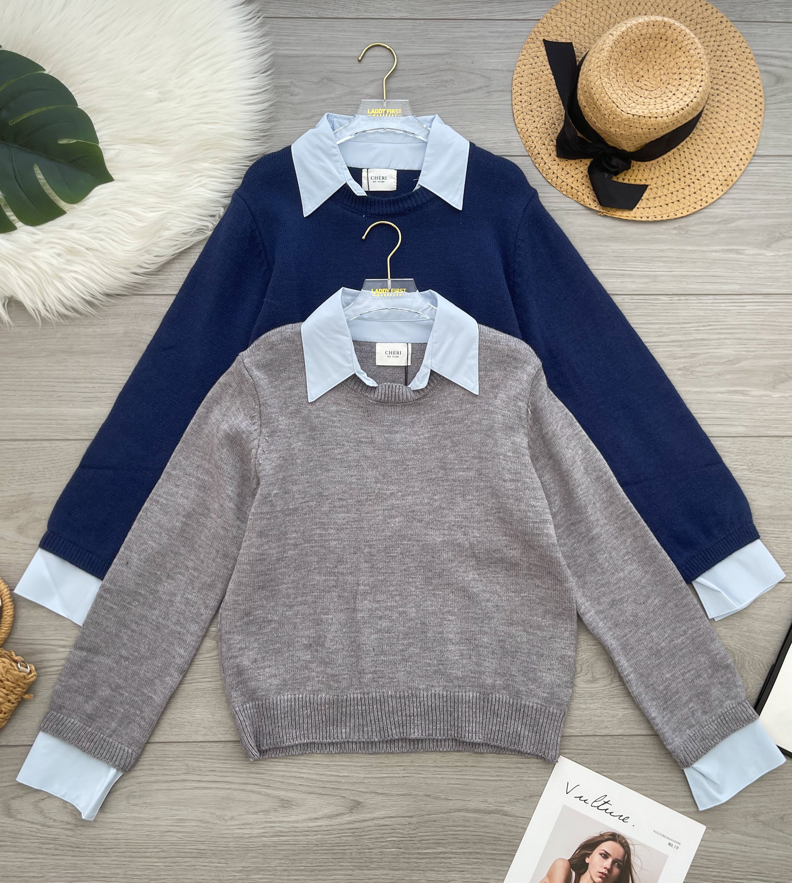 【T2515】高品质韩系宽松假两件衬领高弹针织长袖上衣 ❤❤