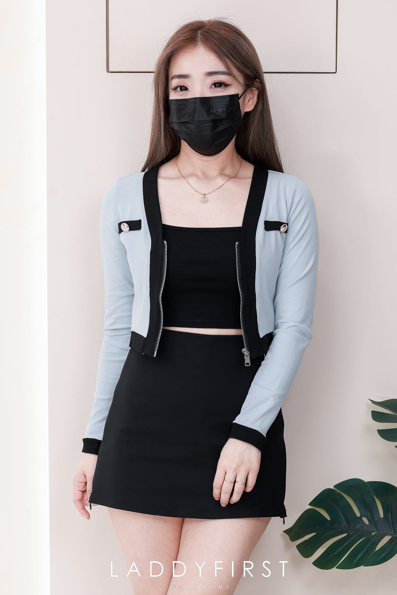 【T14383 / 3398】高品质V领撞色边纯棉弹力拉链长袖百搭上衣外套 ❤❤