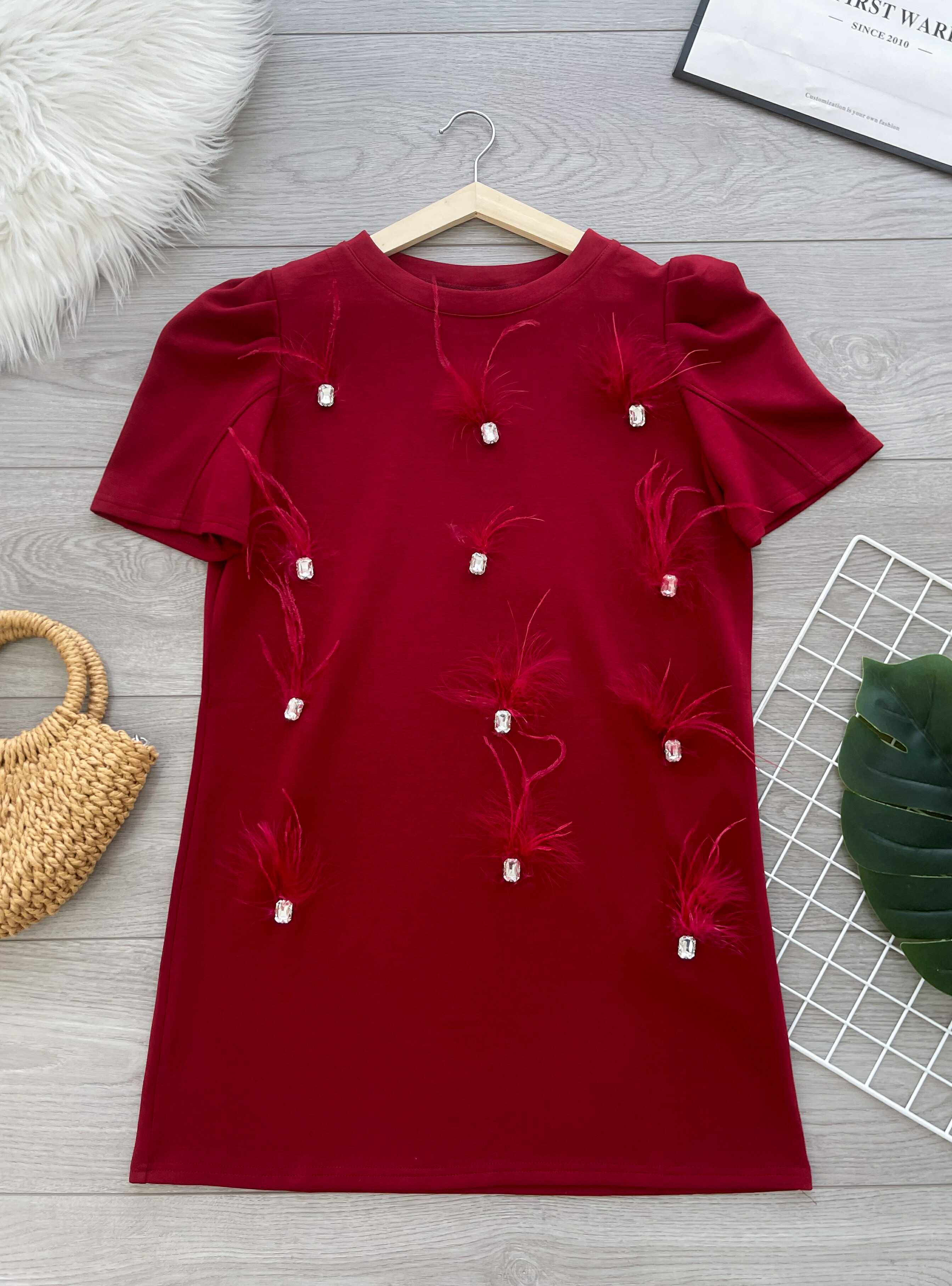 【D8897】高品质贵气感空气棉拼接砖石羽毛连身裙子 ❤❤【B-R1-C2】