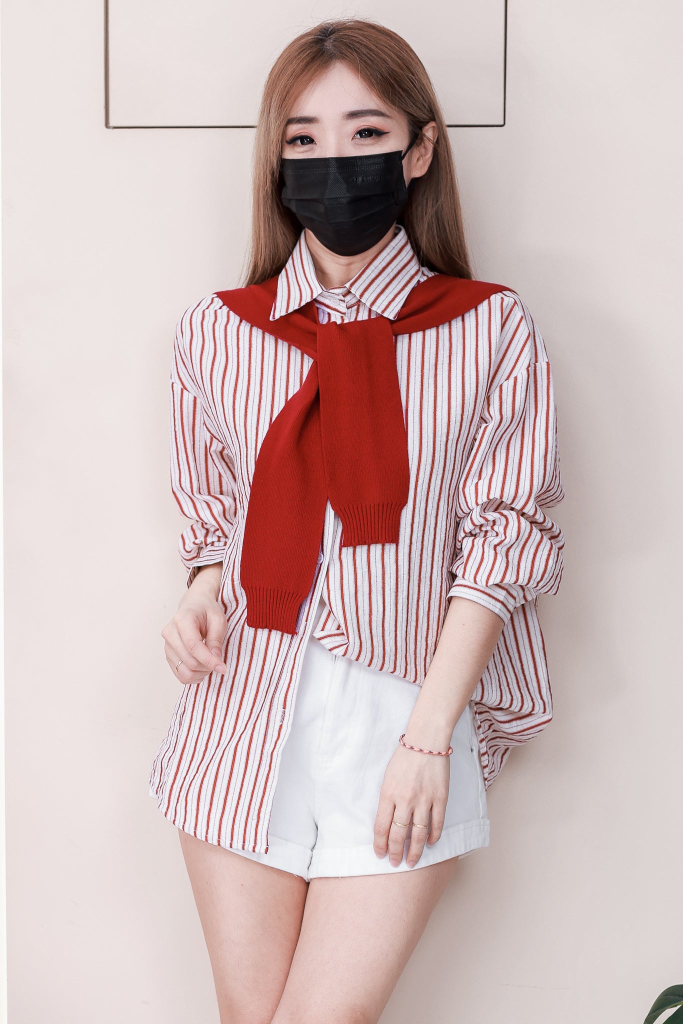 【T8833】高品质韩式学院风宽松版线条衬衫长袖上衣❤❤