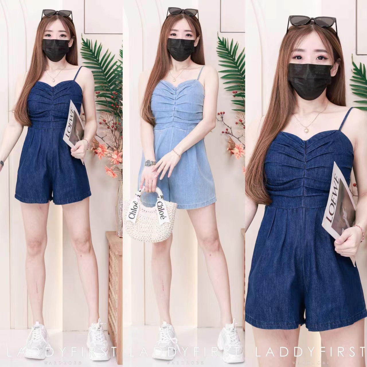【D30812】【网站福利款✨】独家新品自调无袖肩带压褶设计百搭简约宽腿不包臀牛仔连身短裤，后副伸缩弹力，有口袋 ❤️❤️ 【A-RU-C3】