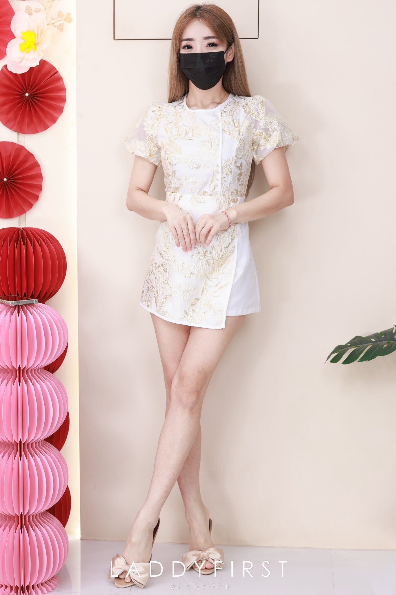 【SS2757】高品质两件式新中式提花旗袍套装 泡泡袖提花旗袍上衣➕提花拼接缎面高腰裤裙，有口袋 ❤️❤️