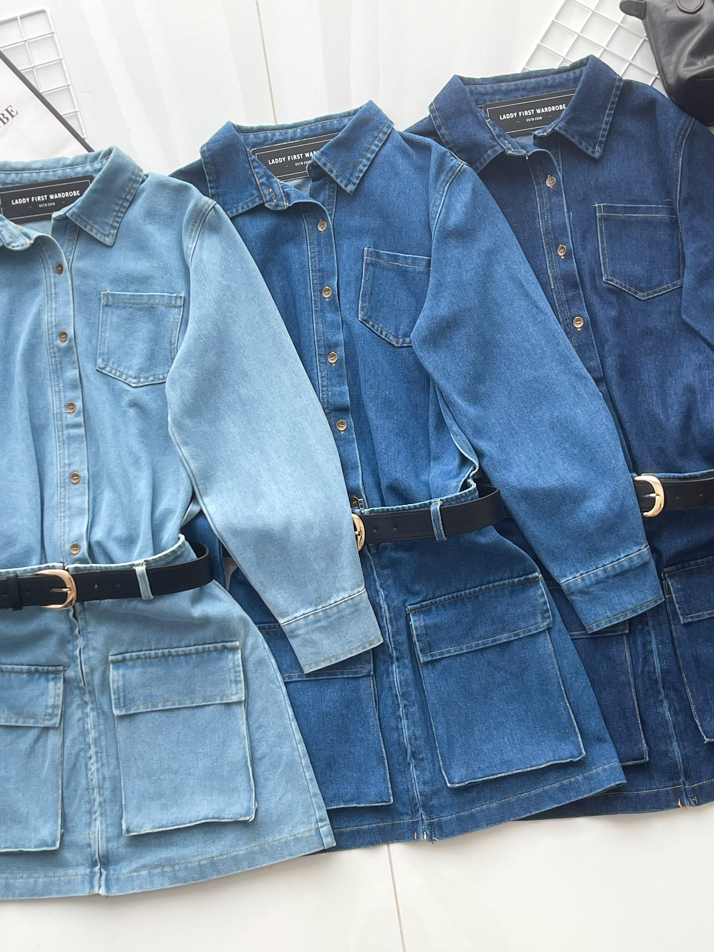 【D7702】高品质美式复古风翻领长袖牛仔连身裙子，附送腰带，有口袋 ❤❤【B-R1-C6】