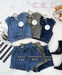 【SS3519】【LFW独家小圆饼】独家爆款高品质两件式牛仔COTTON JEANS时尚气质休闲百搭套装 牛仔无袖上衣➕牛仔高腰百搭短裤，后腰伸缩弹力，有口袋 ❤️❤️