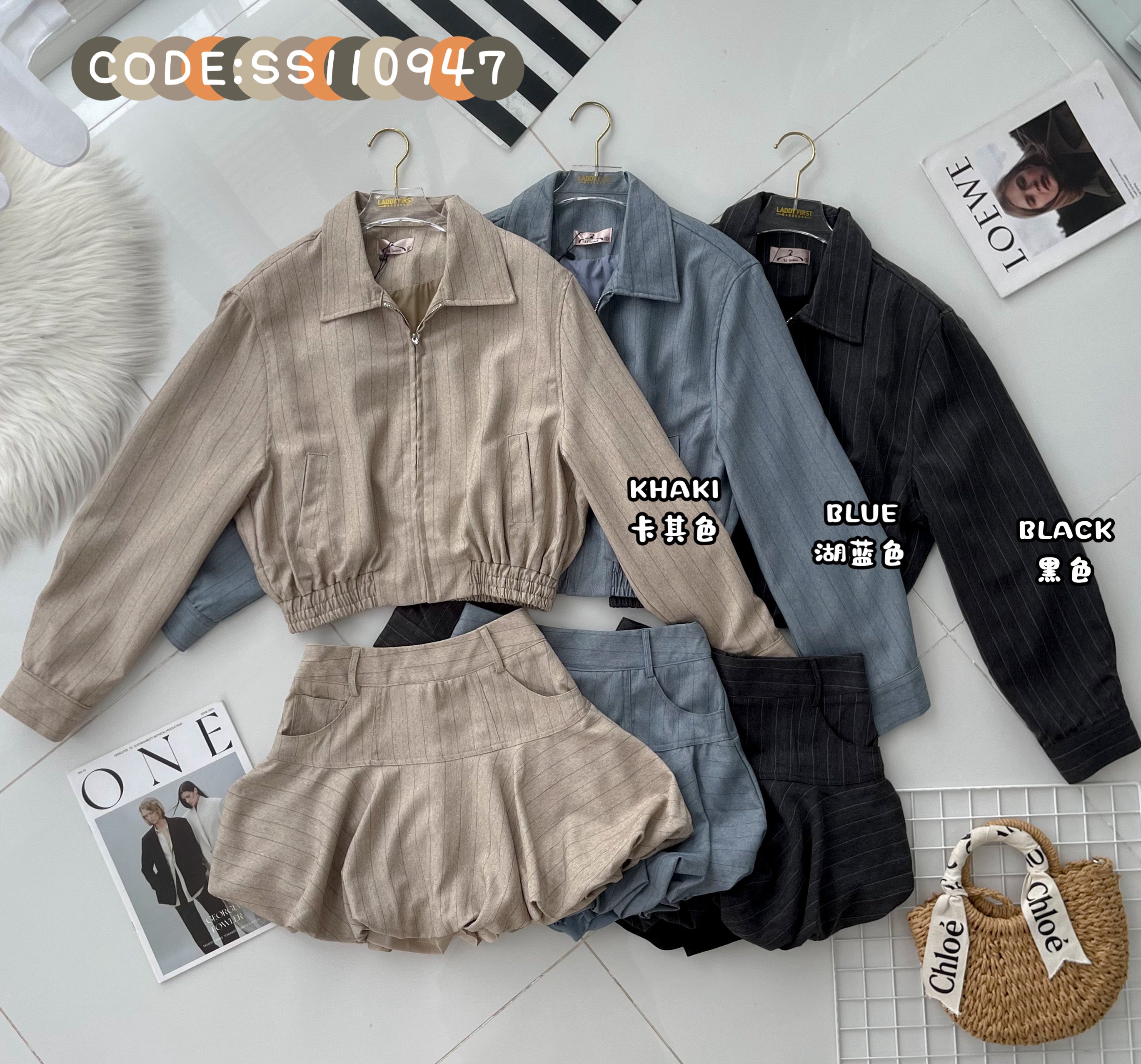 【SS110947】高品质两件式减龄时尚西装套装 宽松翻领长袖上衣外套➕西装高腰花苞裙子，内层有里布短裤 ❤️❤️