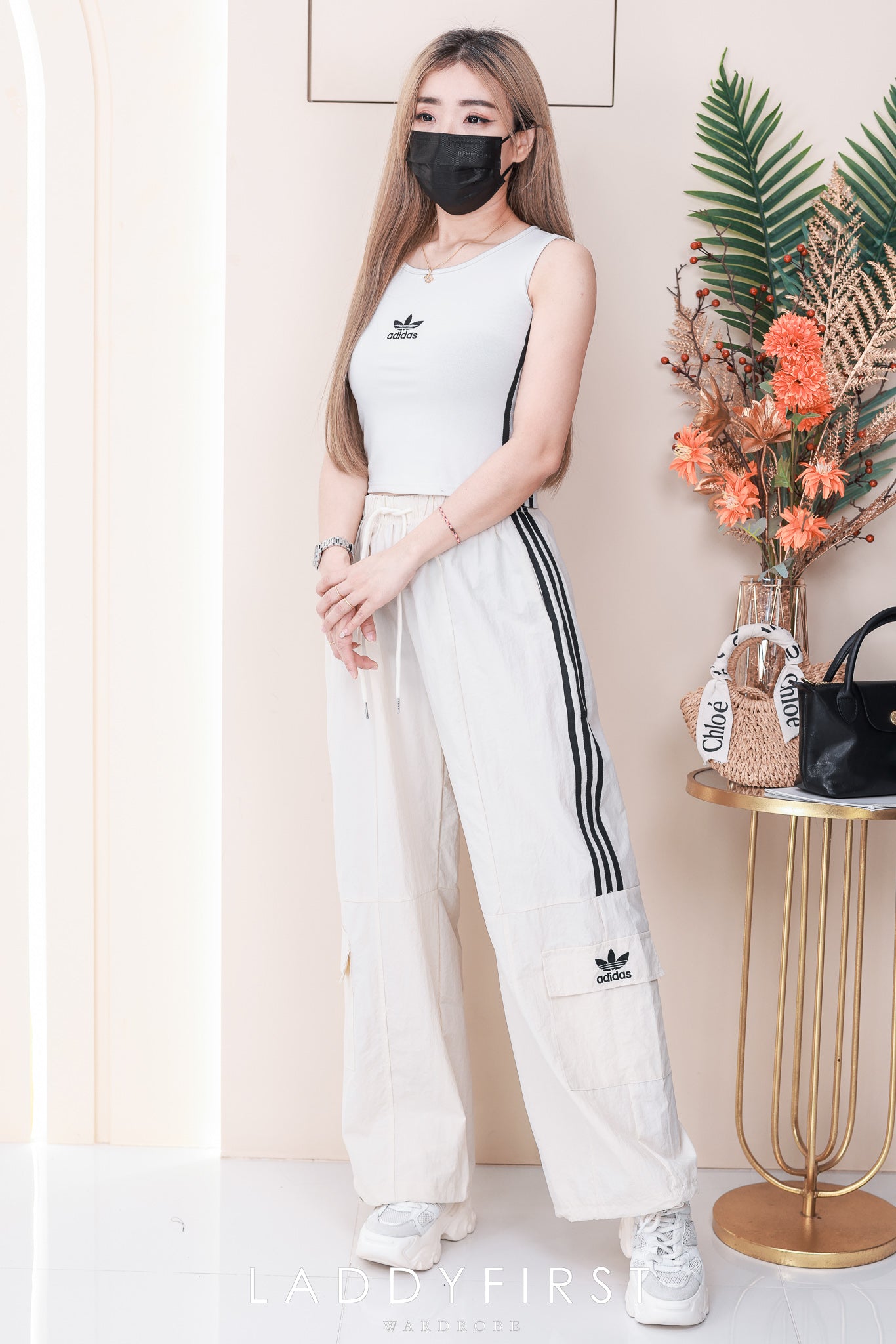 【SS1623】高品质两件式A牌休闲运动套装 纯棉弹力A牌刺绣无袖上衣➕松紧腰弹力阔脚高腰长裤，有口袋 ❤️❤️