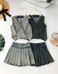 【SS121513】高品质两件式COTTON JEAN牛仔减龄马甲式套装 马甲式牛仔上衣➕百褶牛仔高腰裤裙 ❤️❤️【A-R2-C6】