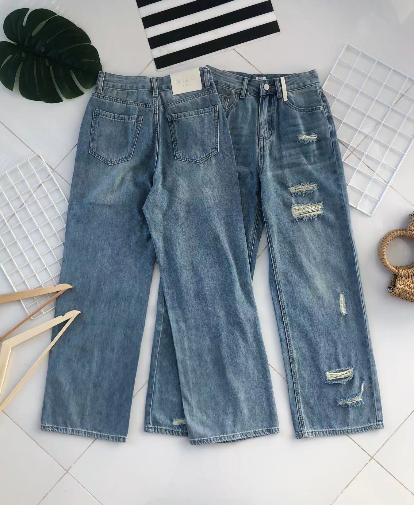 【L50231】高品质牛仔阔脚破洞直筒高腰长裤，有口袋 ❤️❤️