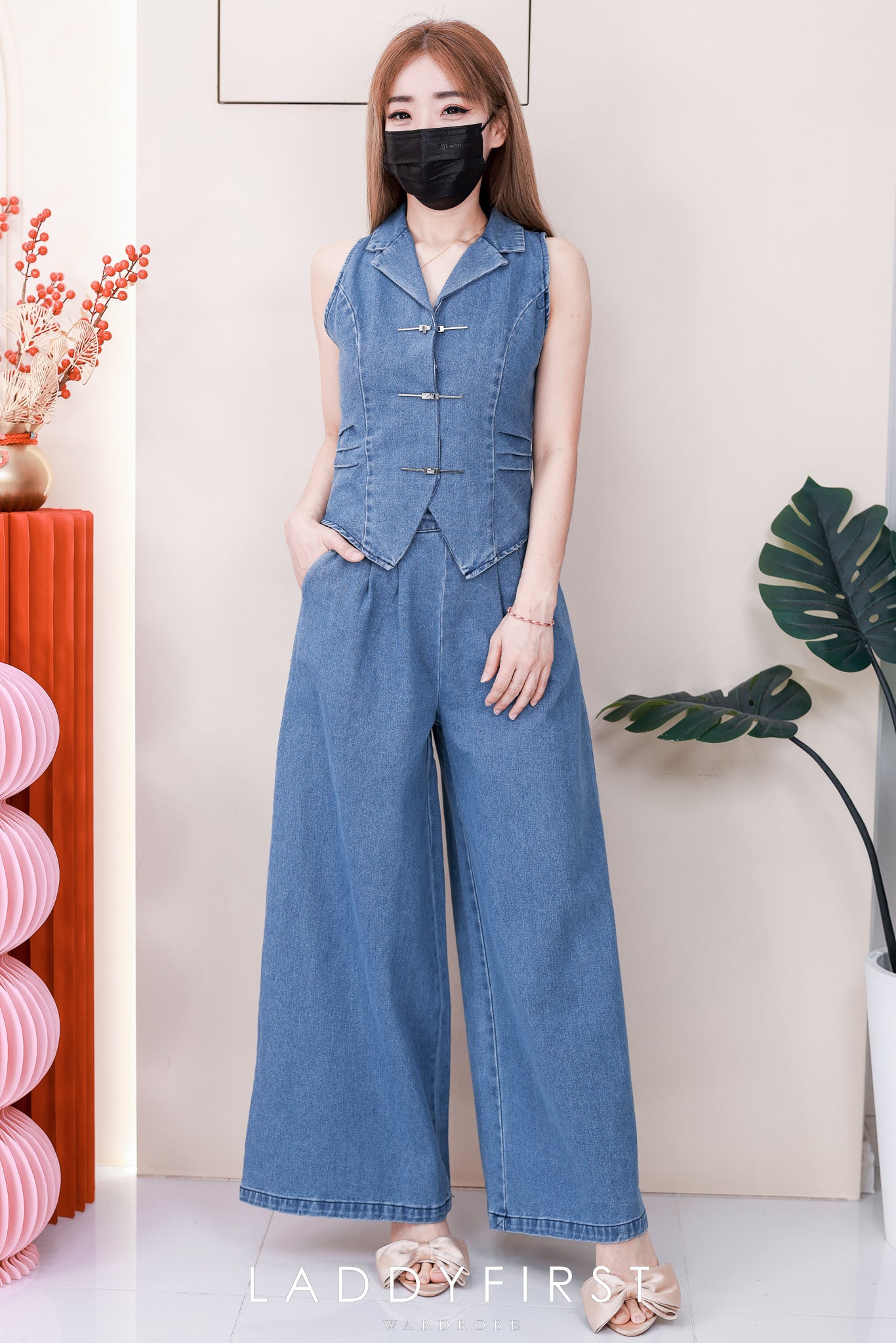 【SS6867】高品质两件式气质感马甲式牛仔套装 马甲式牛仔上衣➕阔脚直筒高腰牛仔长裤 ❤️❤️