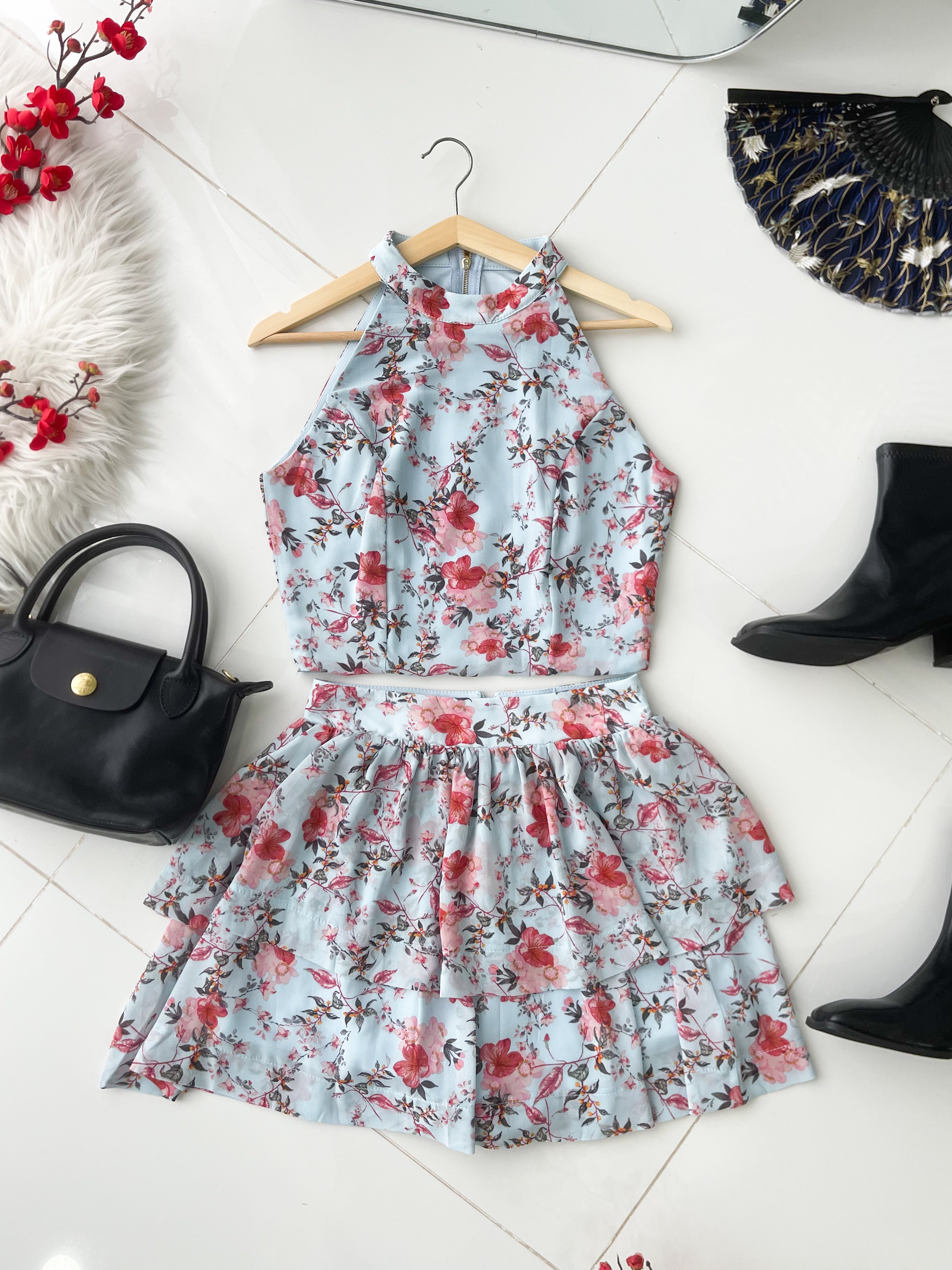 【SS8246831】高品质两件式雪纺碎花套装 雪纺碎花无袖上衣➕雪纺碎花蛋糕裙子，内层有里布短裤 ❤️❤️【B-R1-C5】