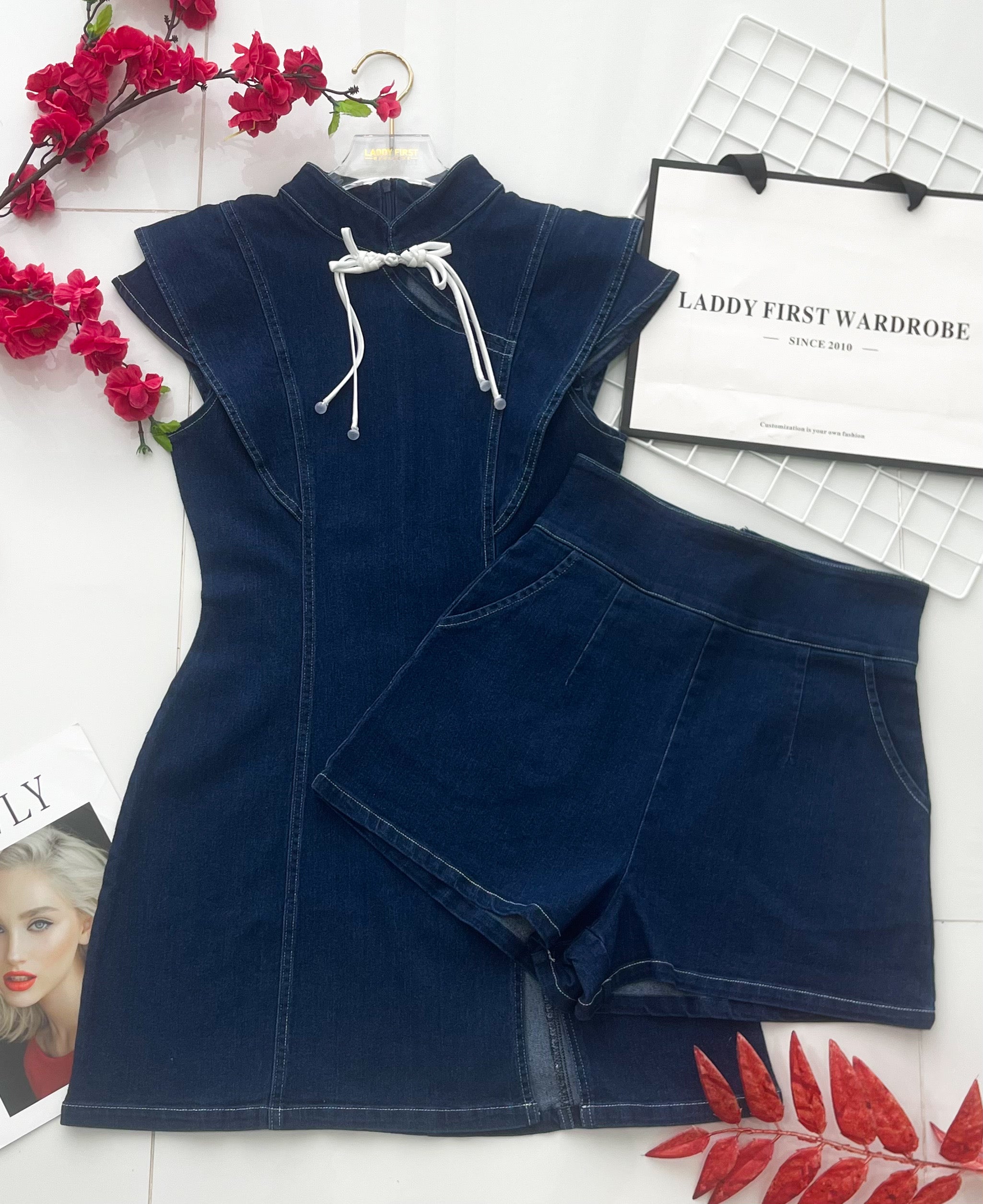 【SS2701】高品质两件式新中式高端极简COTTON JEANS牛仔旗袍套装 旗袍牛仔连衣裙➕牛仔高腰百搭短裤，有口袋 ❤️❤️