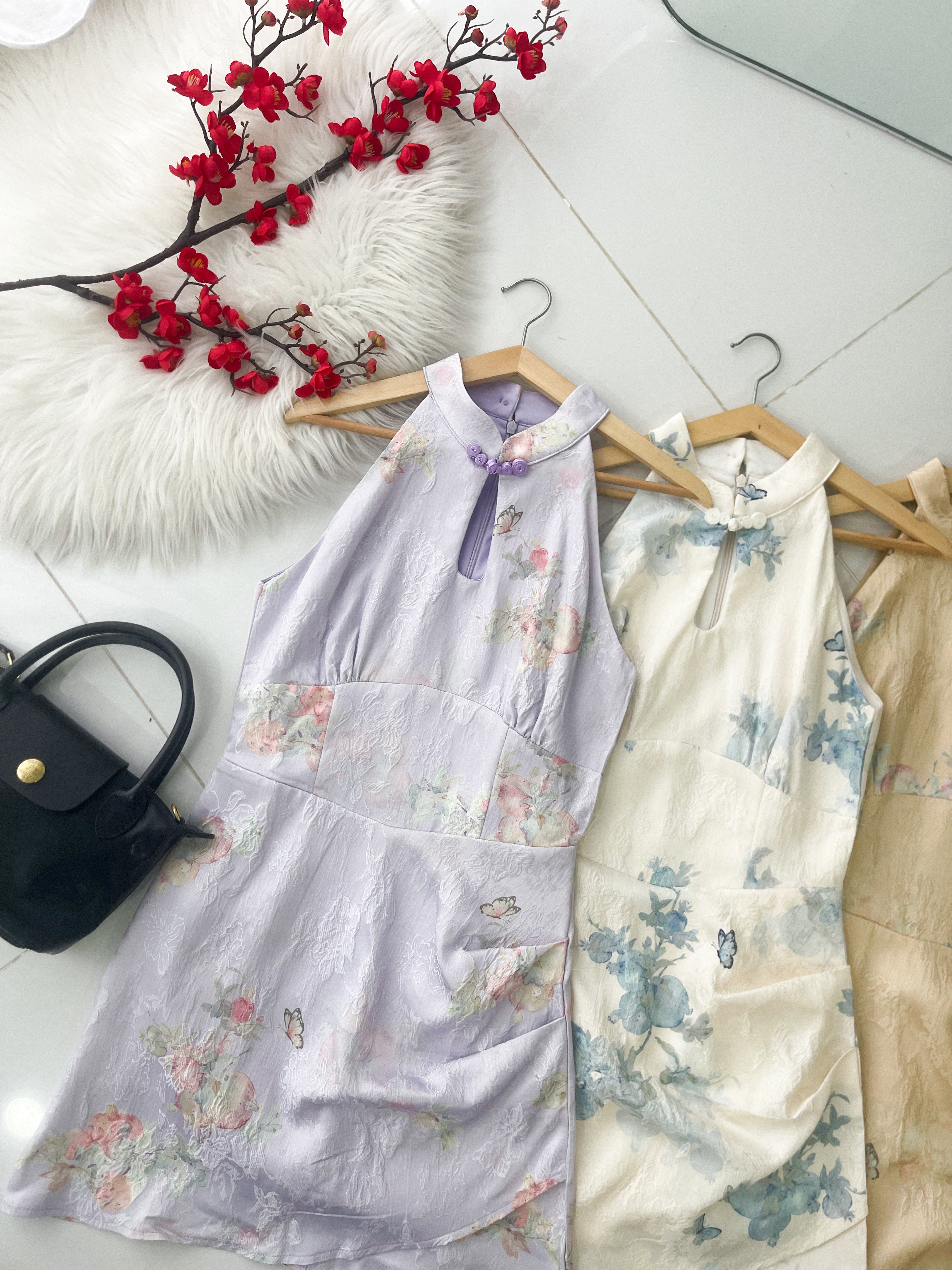 【D8239201】高品质收腰显腰型CUT IN 无袖旗袍提花连身裙子 ❤❤【A-RU】