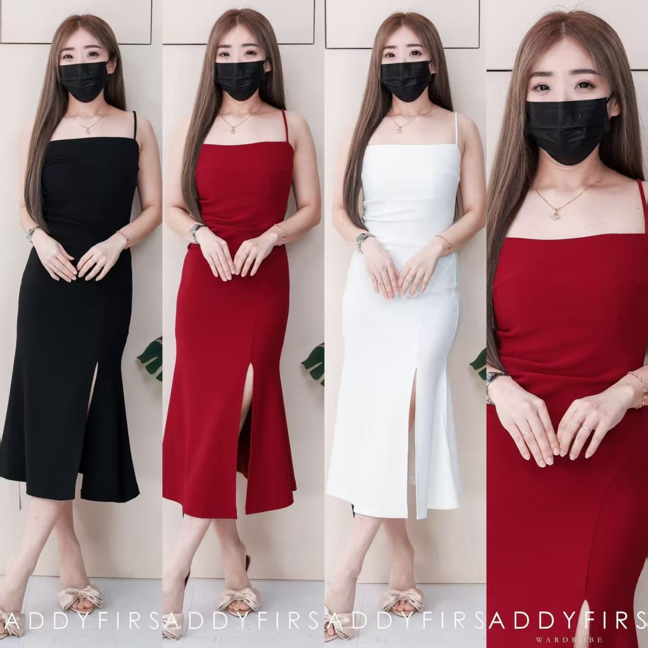 【D8077】高品质四面弹力高端气质无袖肩带连身裙子，侧边下摆开叉设计 ❤️❤️