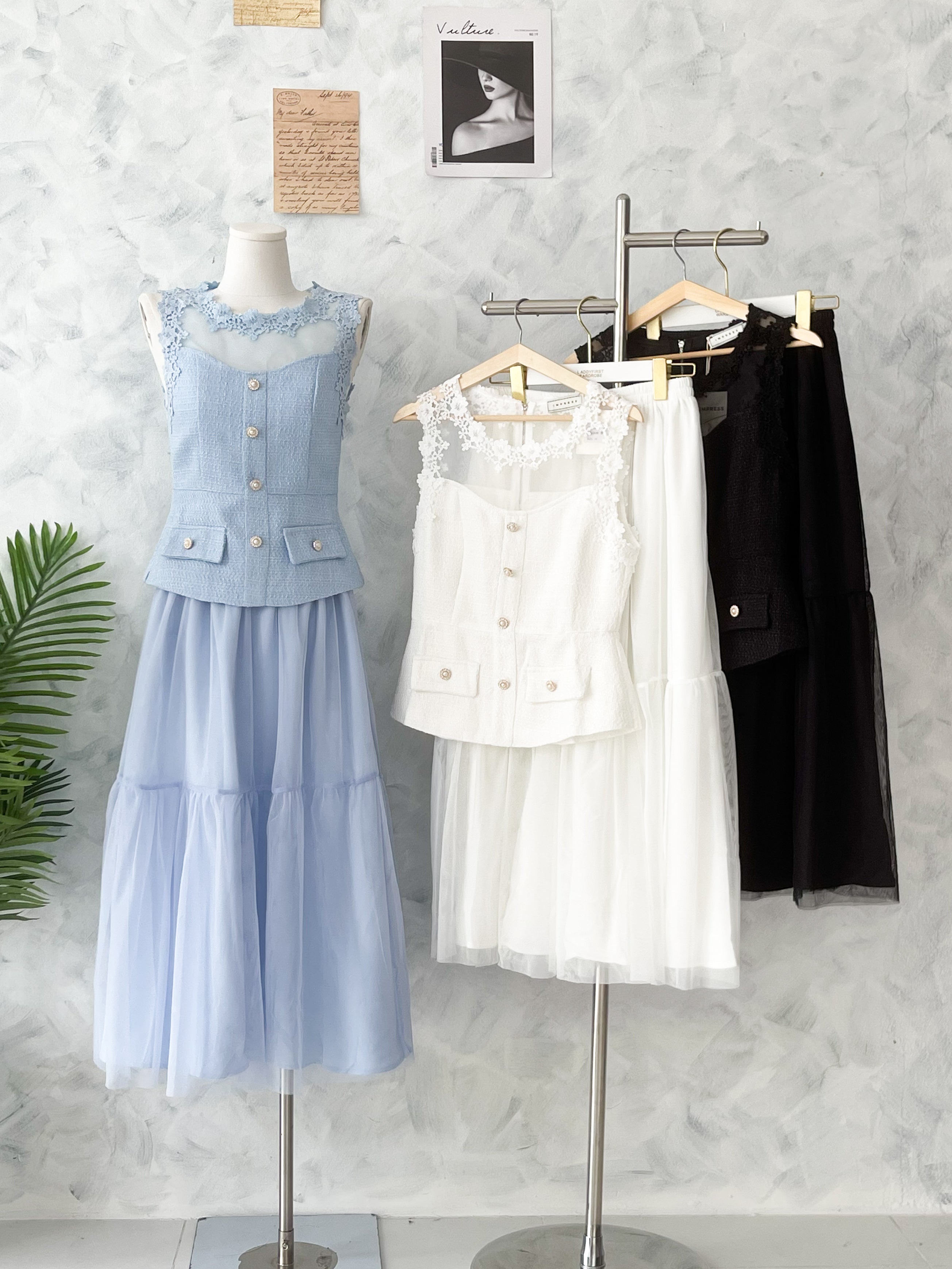 【SS6636】高品质两件式韩式轻奢风时尚套装 小香风上衣➕松紧腰弹力蛋糕网纱长裙 ❤️❤️