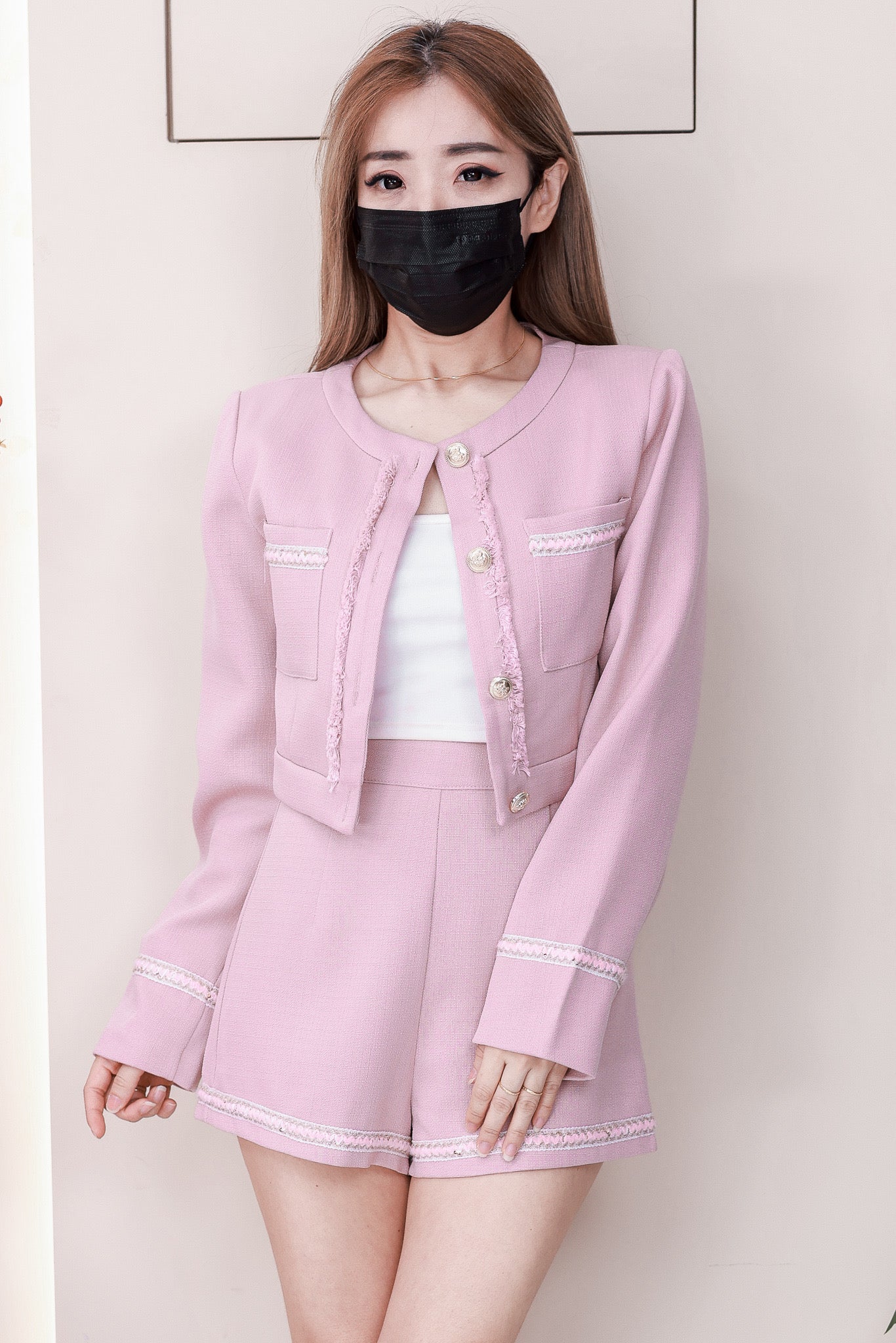 【SS20862】高品质两件式高端小香风时尚套装 小香风短版长袖上衣/外套➕小香风高腰百搭短裤，有口袋❤️❤️