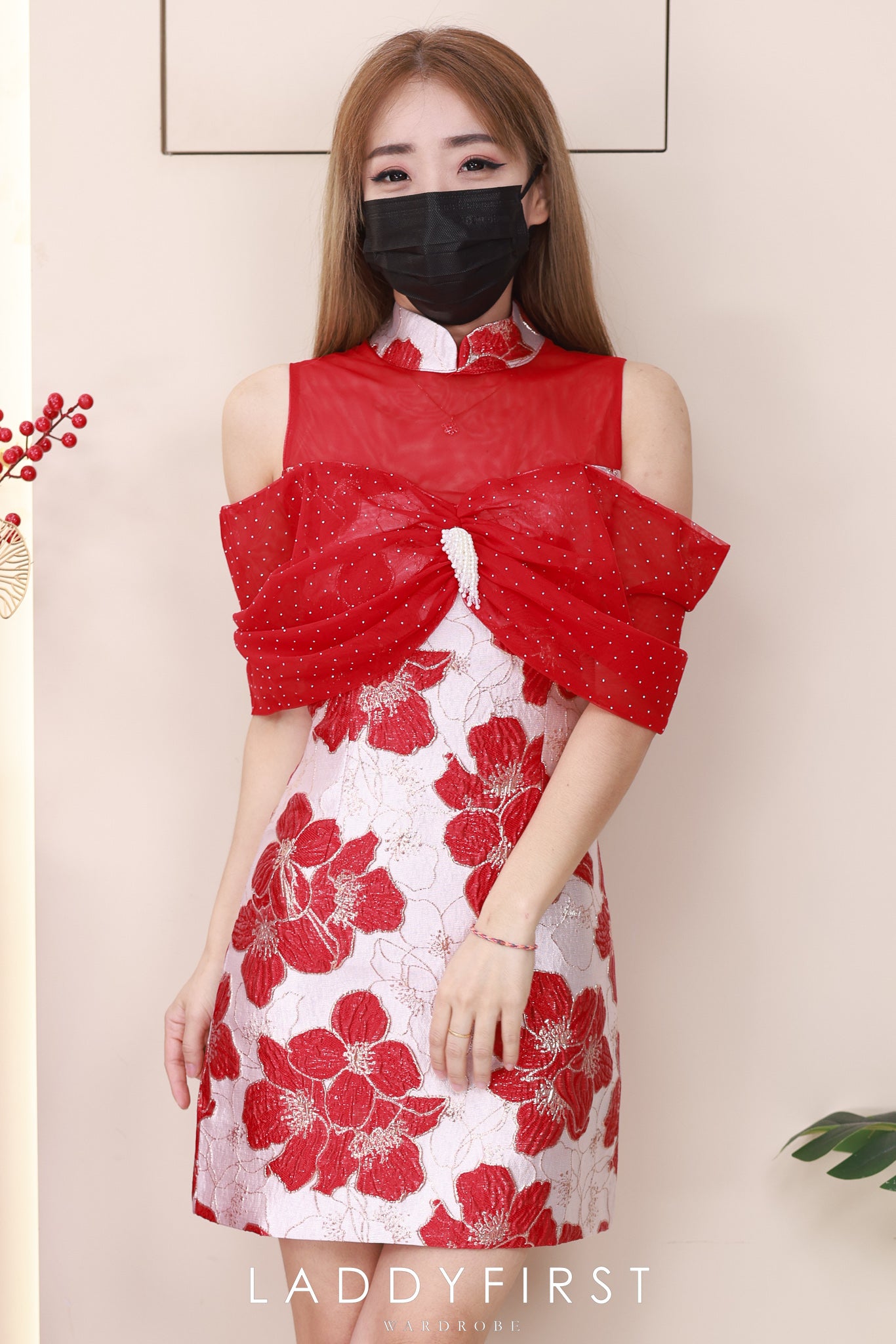 【D8238901】⚡️精选预定款⚡️高品质高端气质拼接网纱蝴蝶结提花旗袍连身裙子 ❤️❤️