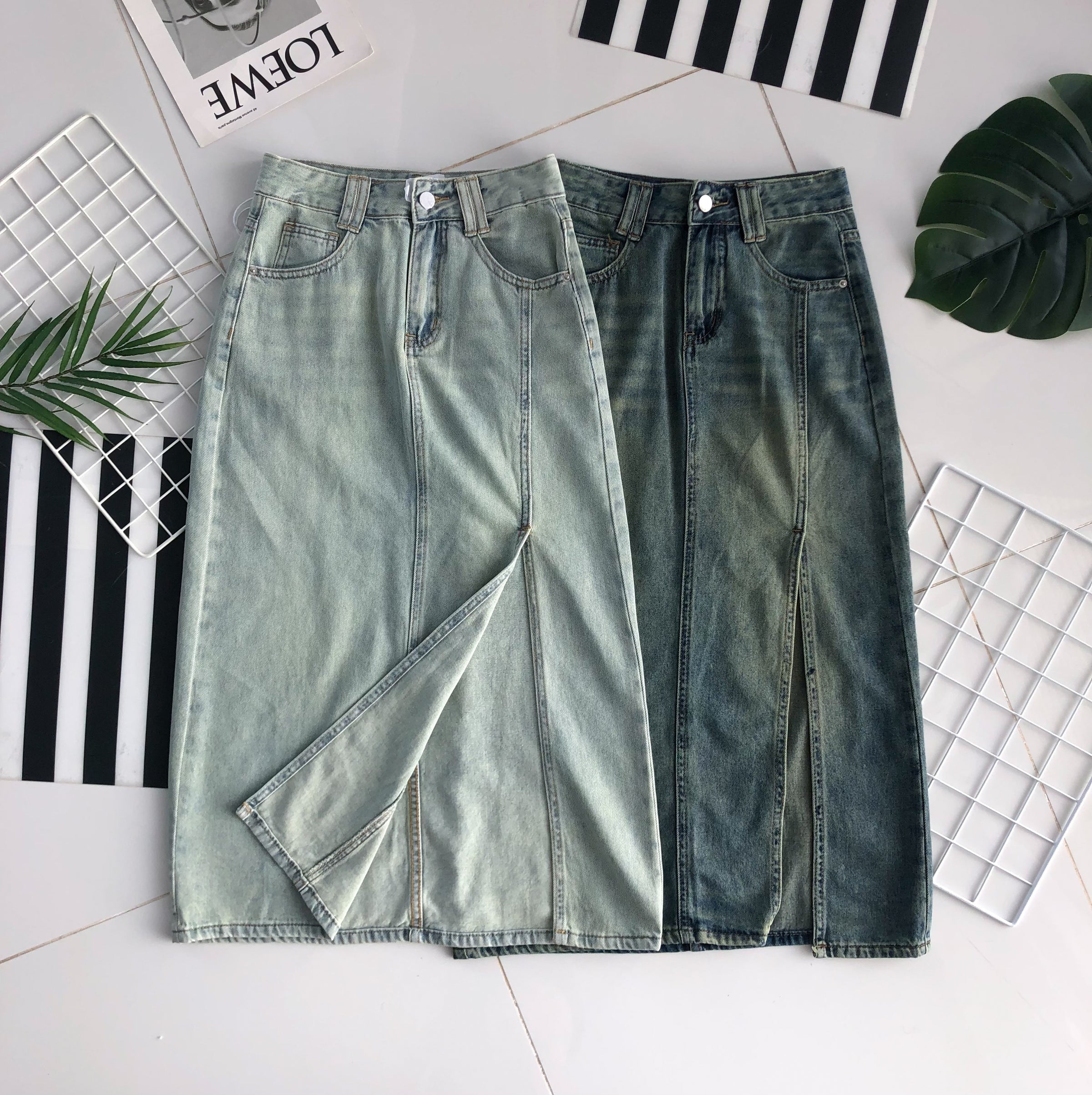 【L6511】高品质韩版牛仔高腰百搭裙子，露腿开叉设计，有口袋 ❤️❤️【A-R2-C1】