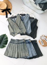 【SS121513】高品质两件式COTTON JEAN牛仔减龄马甲式套装 马甲式牛仔上衣➕百褶牛仔高腰裤裙 ❤️❤️【A-R2-C6】