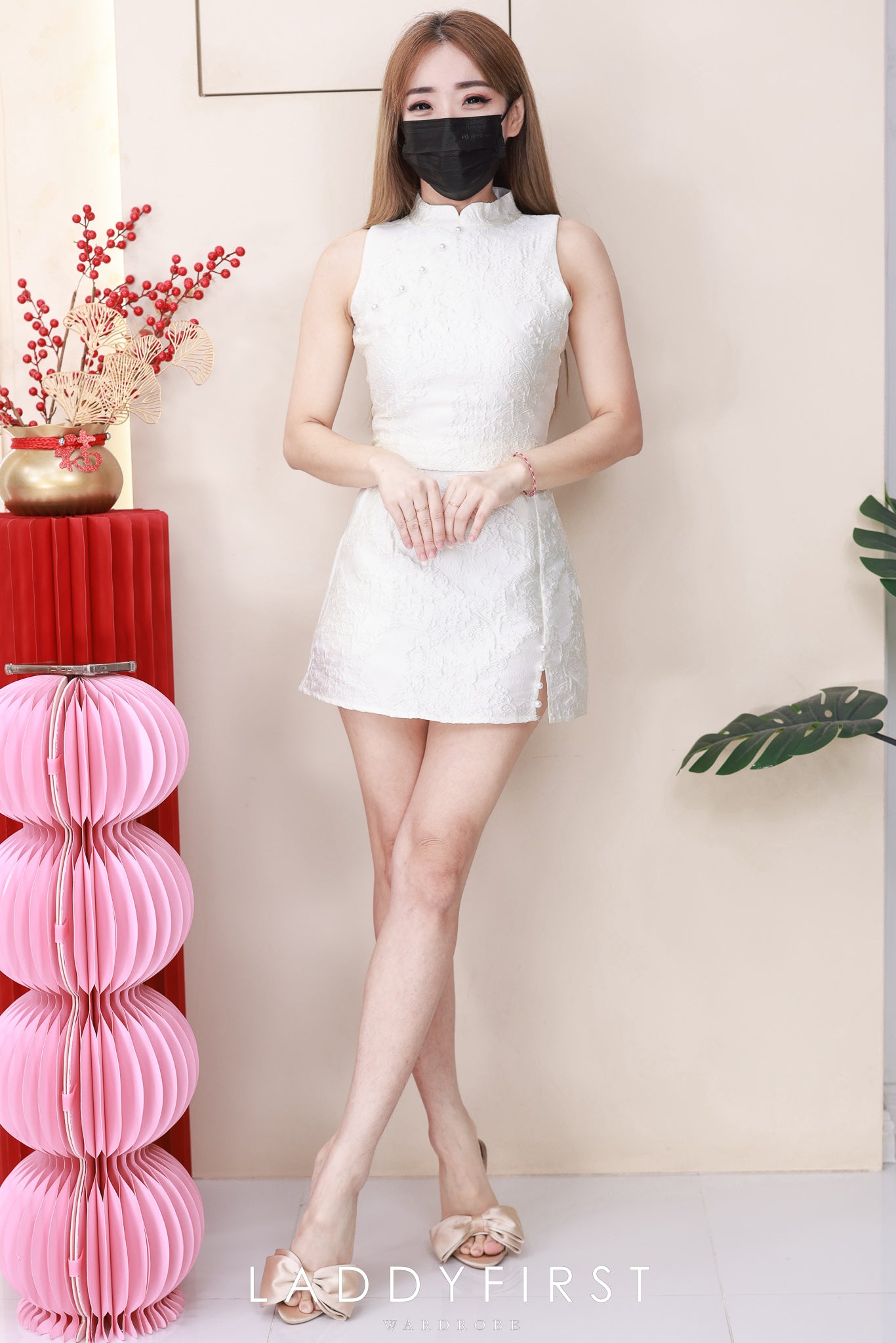 【SS2825】高品质两件式高级感提花旗袍套装 提花拼接珍珠设计旗袍上衣➕提花高腰裙子，内层有里布短裤，有口袋 ❤️❤️