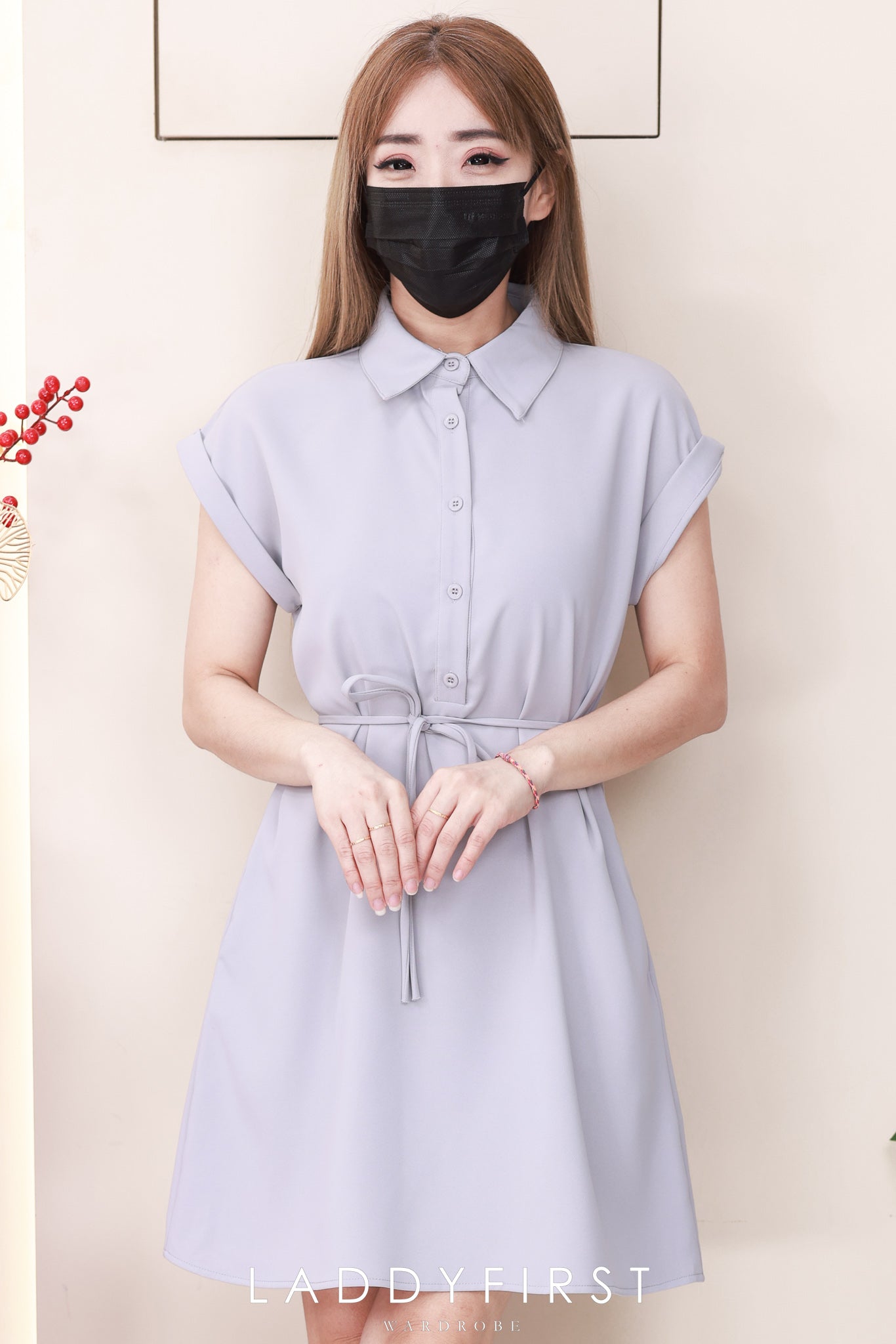 【D1783】独家爆款高品质翻领短袖收腰自绑细带西装垂感慵懒休闲风连身裙子，有口袋 ❤️❤️【A-R2-C1】