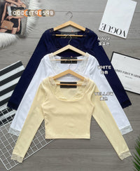 【T98598】高品质U领蕾丝边拼接双层纯棉弹力长袖百搭上衣 ❤❤【A-R1-C1】