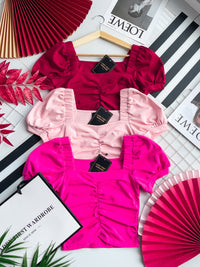 【T3408】独家爆款方领宫廷袖皱褶修身设计纯棉弹力百搭上衣 ❤❤ 【A-R1-C5】