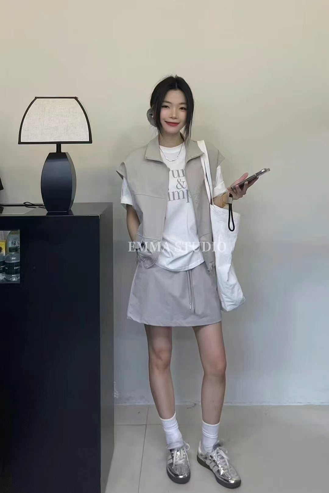 【SS5857】高品质夏日尼龙三件套 ❤️  短袖字母T➕外套➕弹力裤裙 有口袋 ❤️