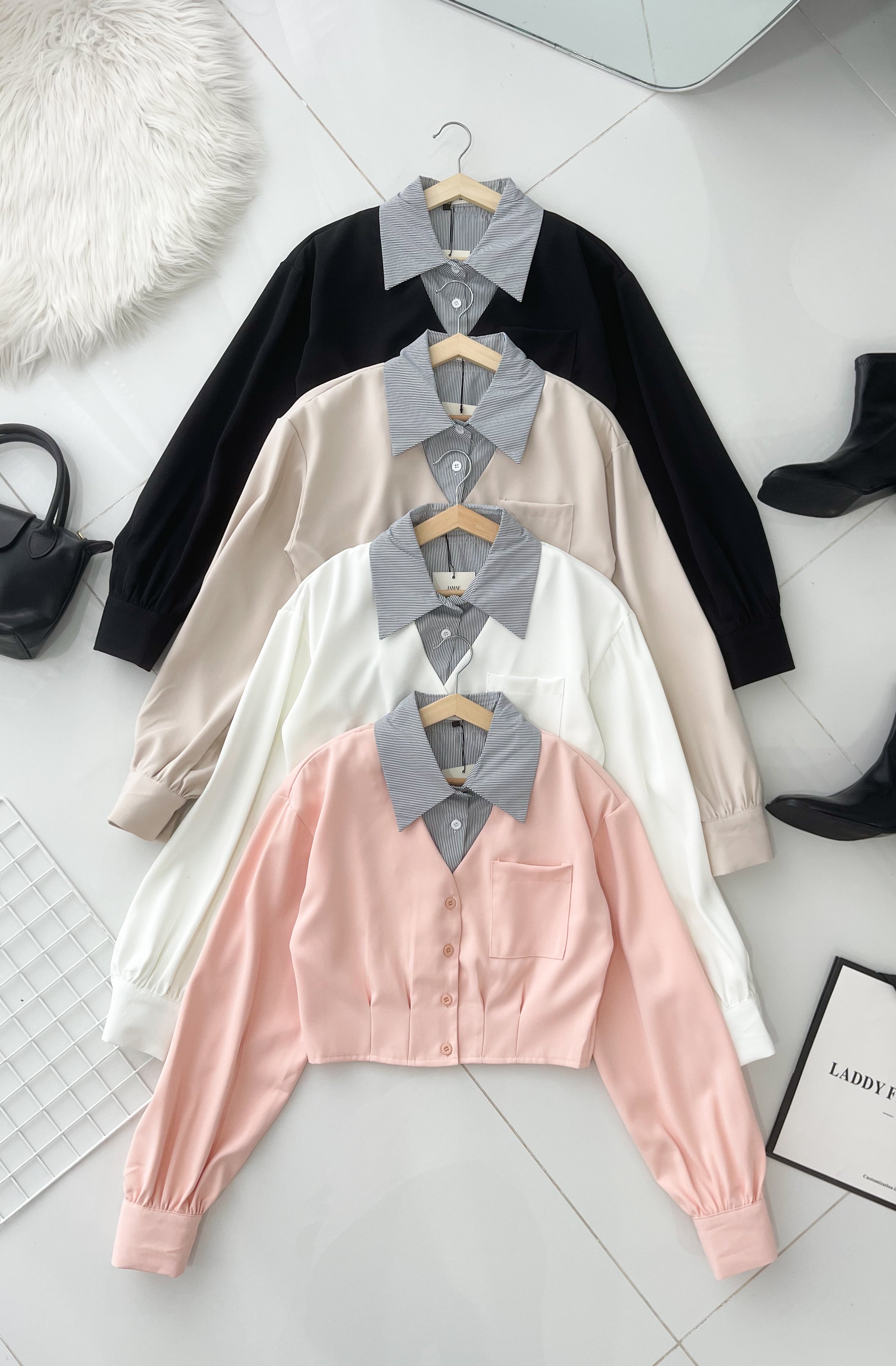 【T98793】高品质假两件线条翻领拼接西装长袖上衣 ❤❤