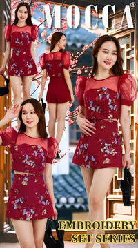 【SS25248】高品质全面网纱绣花亮片拼接西装套装 网纱泡泡袖上衣➕高腰前裙后裤 ❤️❤️ 【B-R1-C2】