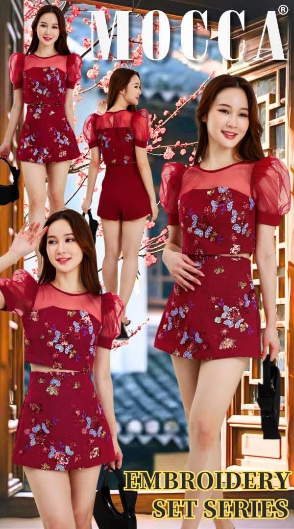 【SS25248】高品质全面网纱绣花亮片拼接西装套装 网纱泡泡袖上衣➕高腰前裙后裤 ❤️❤️ 【B-R1-C2】