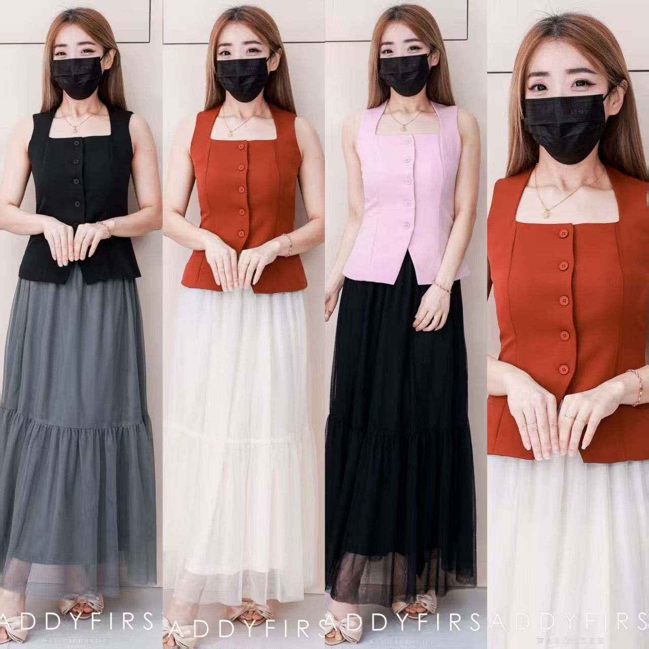 【SS81182】高品质两件式韩式轻奢风时尚套装 翻领无袖西装上衣➕蛋糕网纱长裙 ❤️❤️