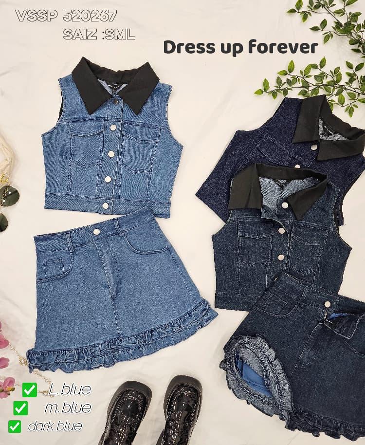 【SS520267】高品质质两件式COTTON JEANS牛仔时尚套装 翻领无袖牛仔上衣➕木耳下摆设计牛仔高腰裙子，内层有里布短裤 ❤️❤️